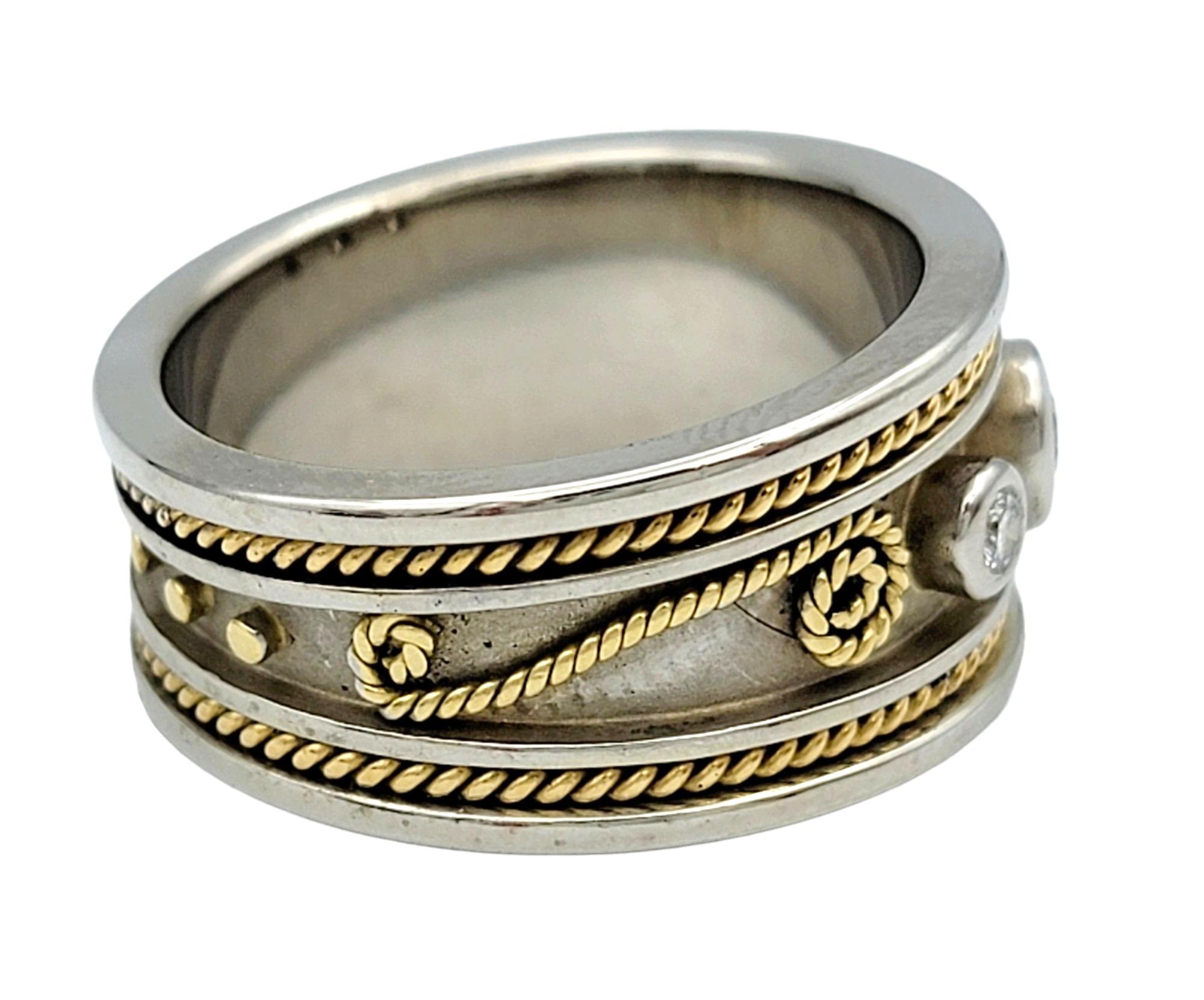 Round Cut Three Diamond Band Ring with Twisted Scroll Motif in Two-Toned 18 Karat Gold For Sale