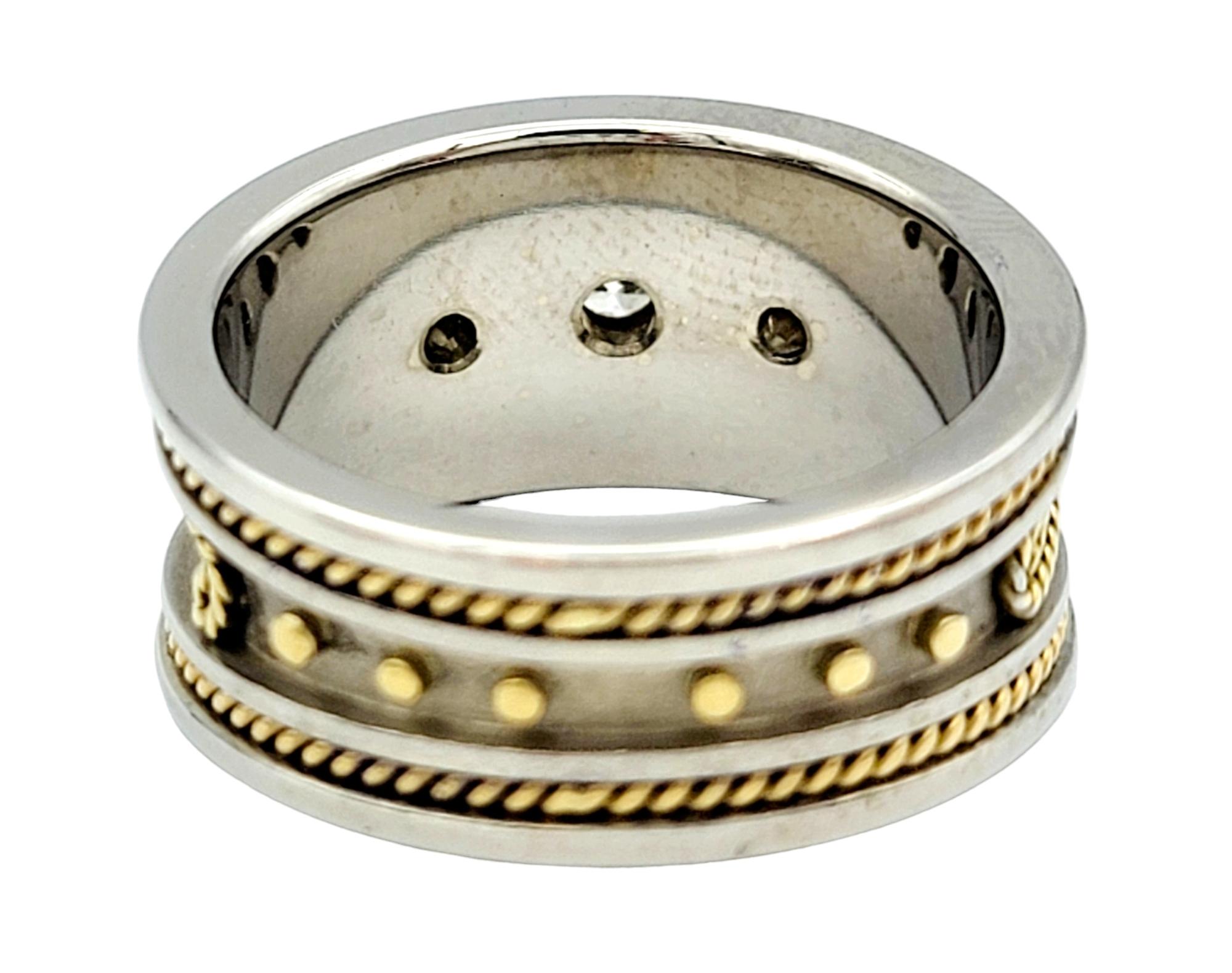 Three Diamond Band Ring with Twisted Scroll Motif in Two-Toned 18 Karat Gold In Good Condition For Sale In Scottsdale, AZ
