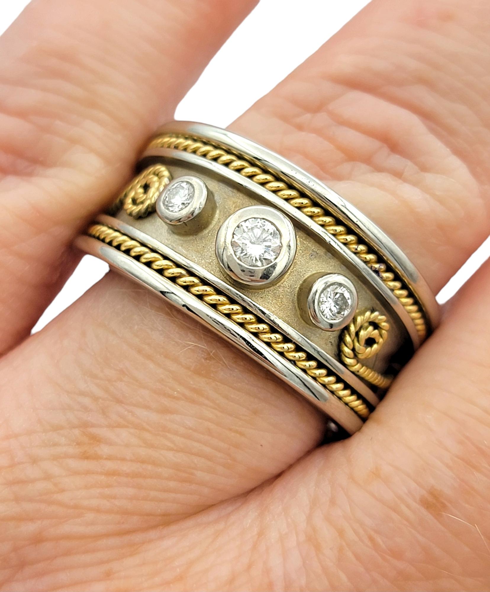 Three Diamond Band Ring with Twisted Scroll Motif in Two-Toned 18 Karat Gold For Sale 1