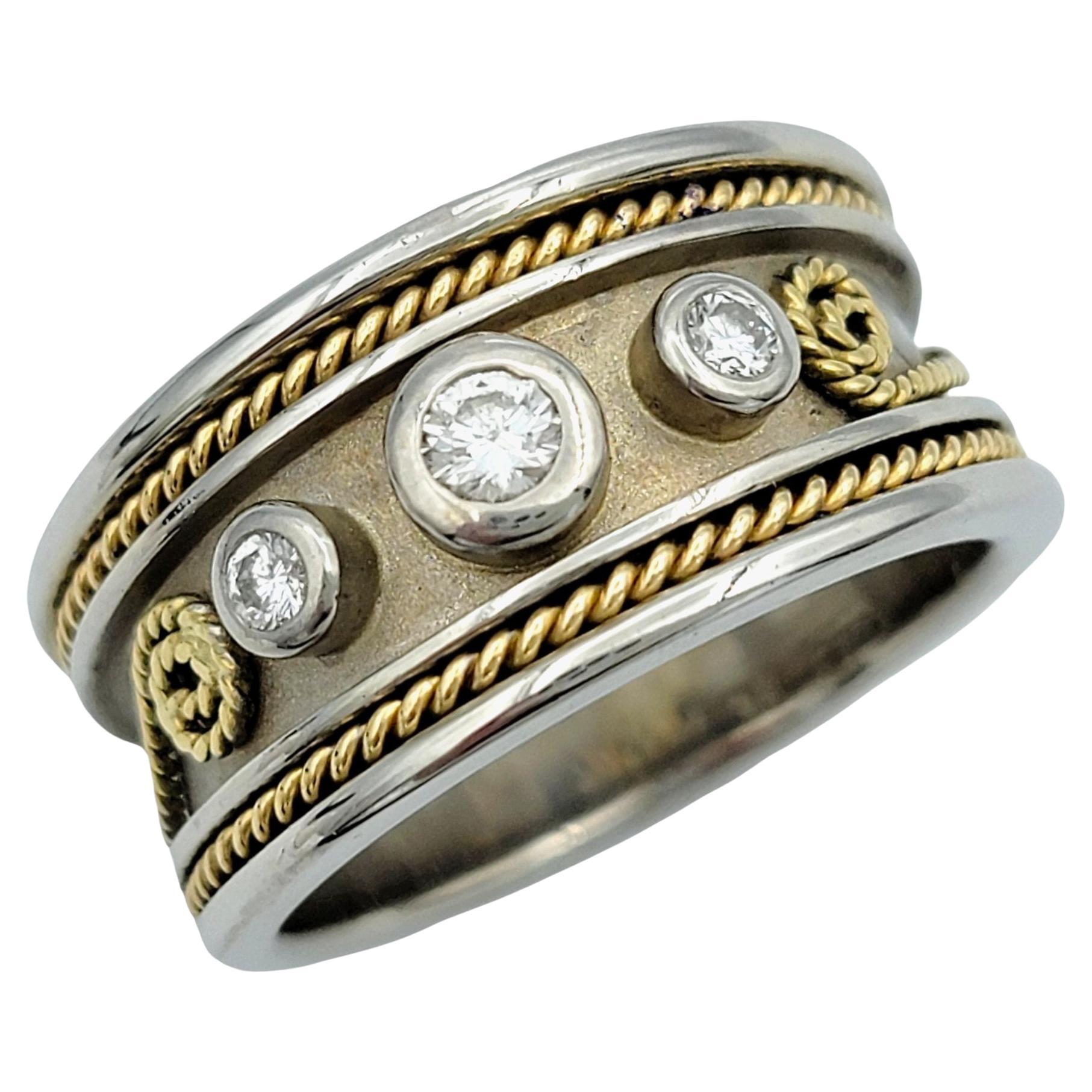 Three Diamond Band Ring with Twisted Scroll Motif in Two-Toned 18 Karat Gold