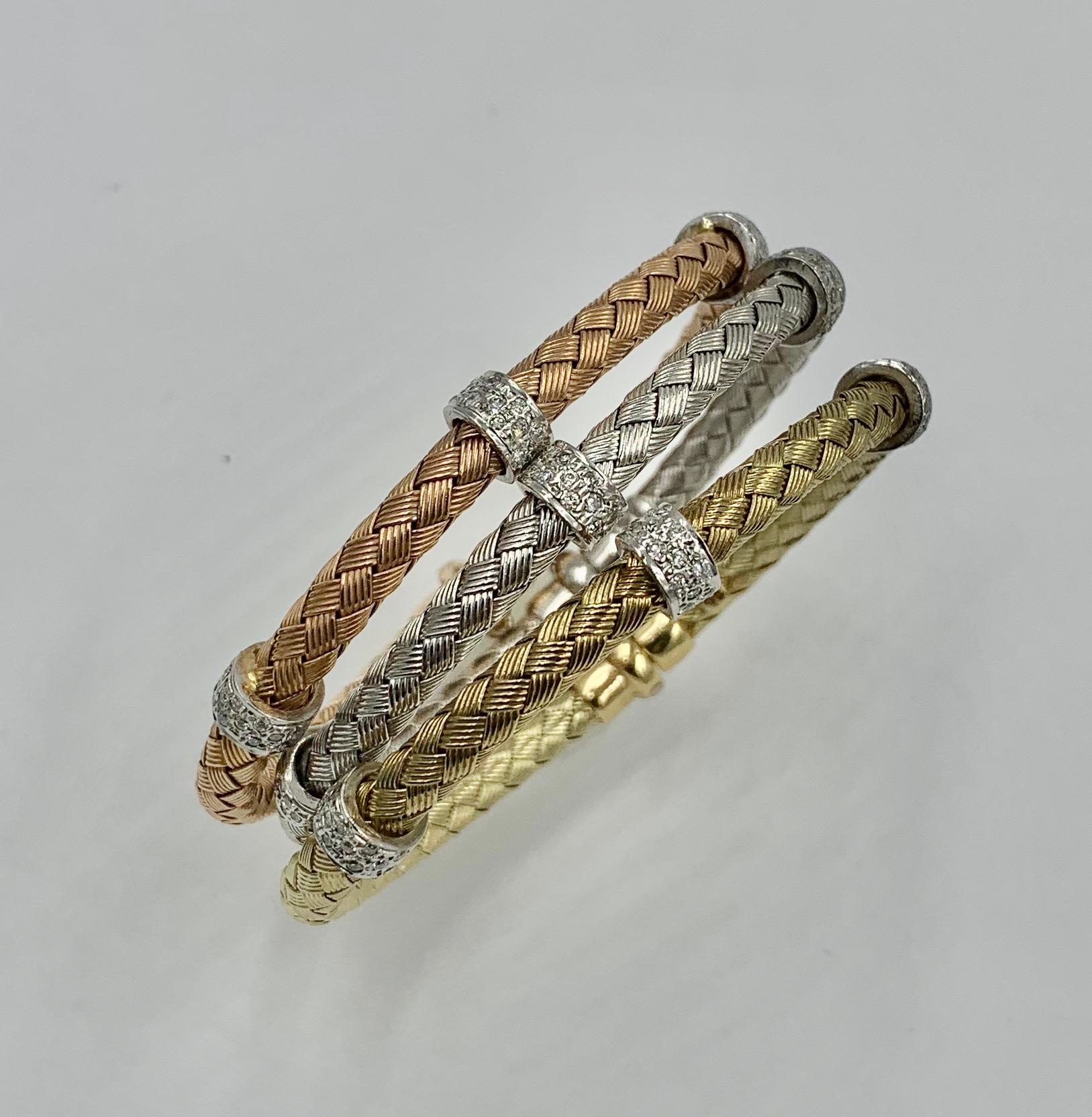 Round Cut Three Diamond Bangle Stacking Bracelets 14 Karat Yellow Rose White Gold, Italy For Sale