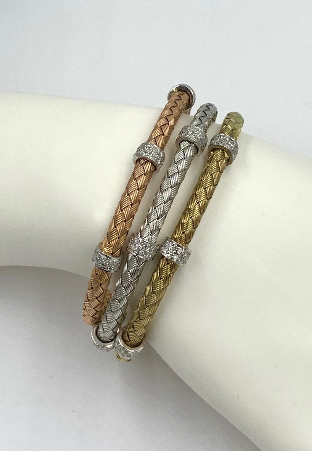Three Diamond Bangle Stacking Bracelets 14 Karat Yellow Rose White Gold, Italy In Good Condition For Sale In New York, NY