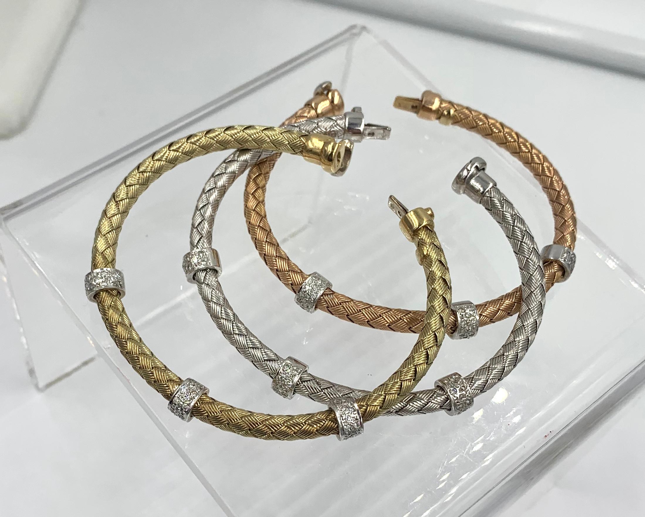 Women's Three Diamond Bangle Stacking Bracelets 14 Karat Yellow Rose White Gold, Italy For Sale