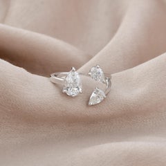 Bague ouverte en or blanc 18 carats avec diamant naturel taille poire, 1,62 carats – Bague « Toi et Moi »
