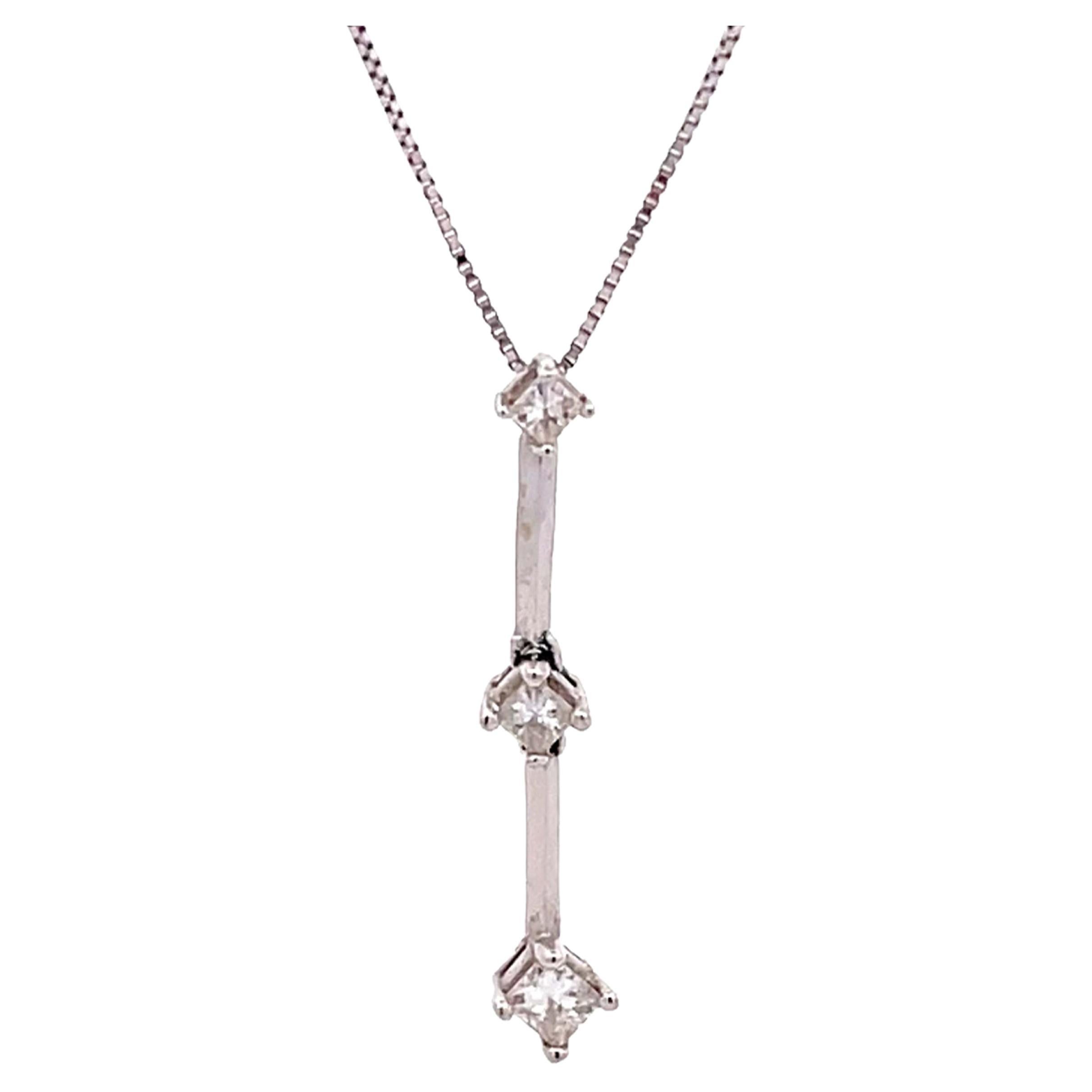 Three Diamond Drop Necklace in 14k White Gold For Sale