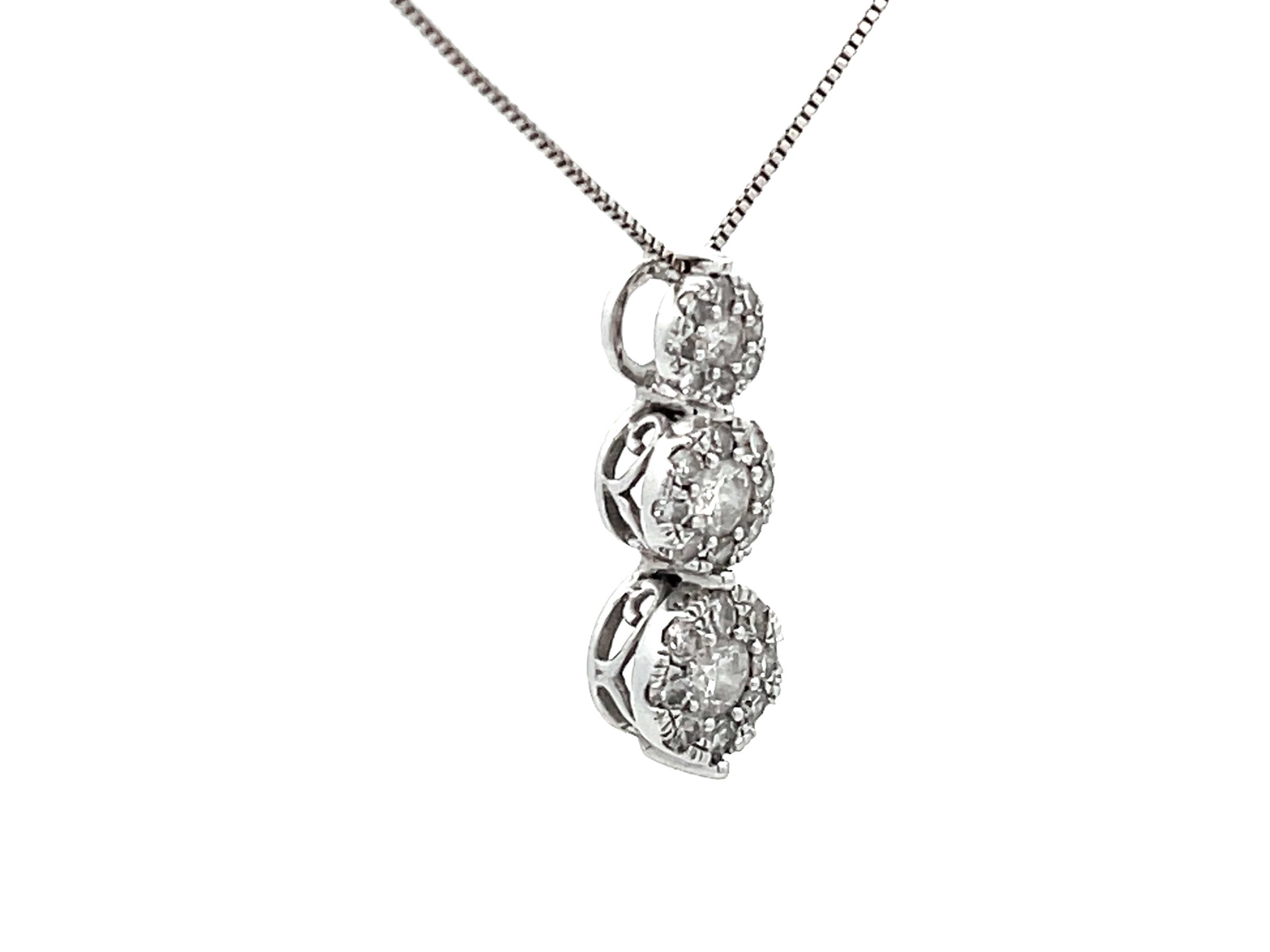 Modern Three Diamond Halo Drop Necklace in 14k White Gold For Sale
