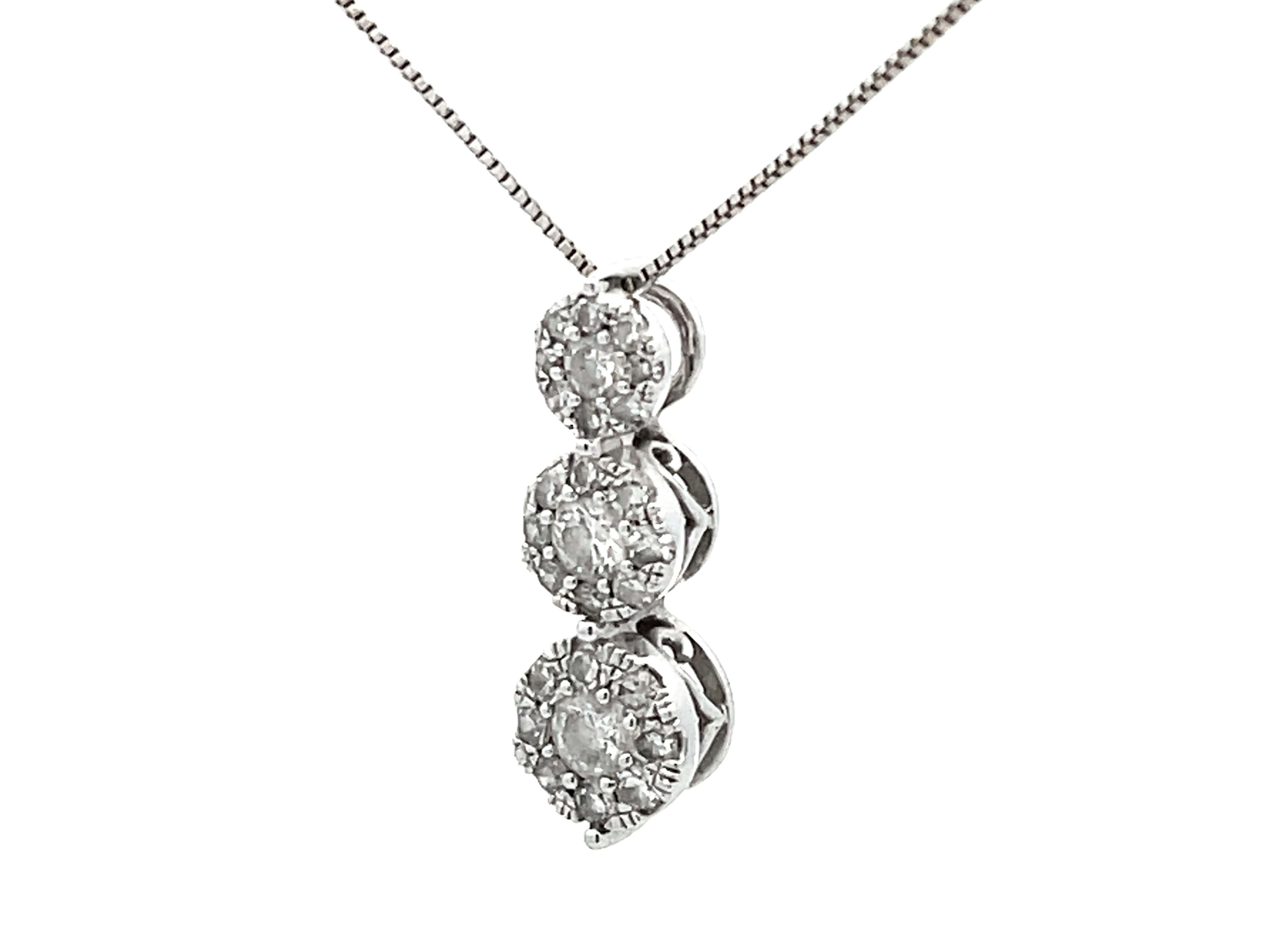 Brilliant Cut Three Diamond Halo Drop Necklace in 14k White Gold For Sale