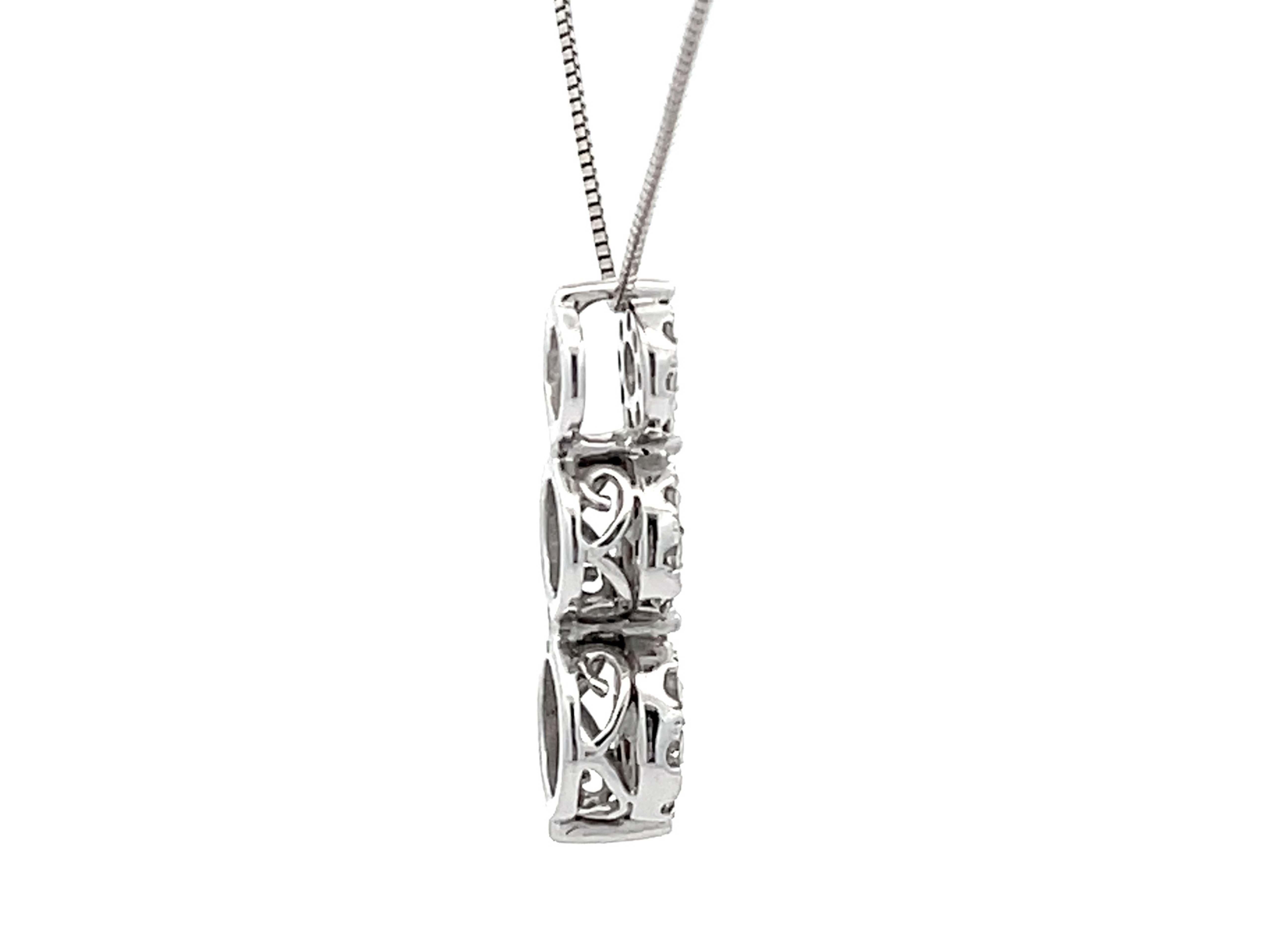 Three Diamond Halo Drop Necklace in 14k White Gold In Excellent Condition For Sale In Honolulu, HI