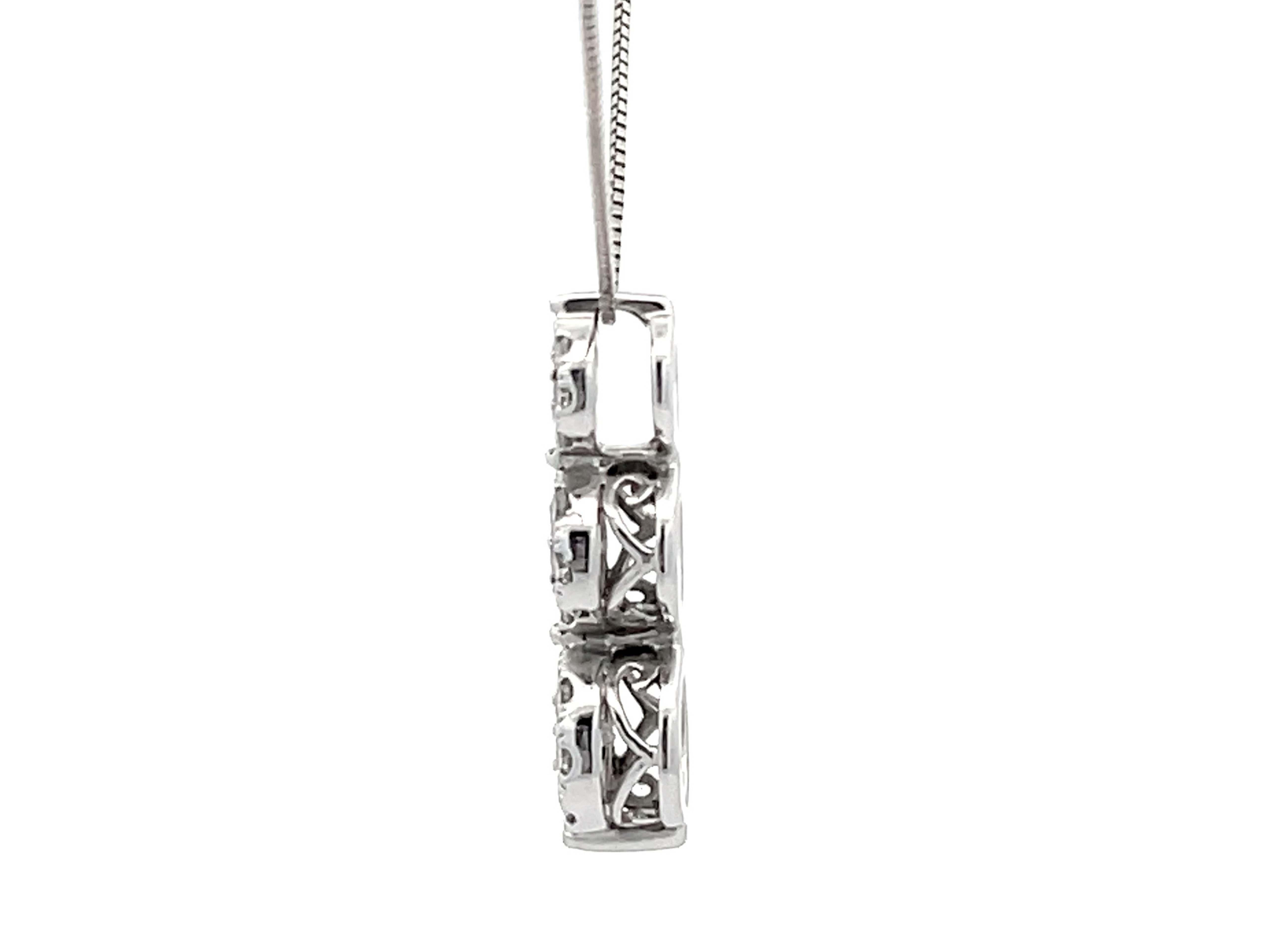 Women's Three Diamond Halo Drop Necklace in 14k White Gold For Sale