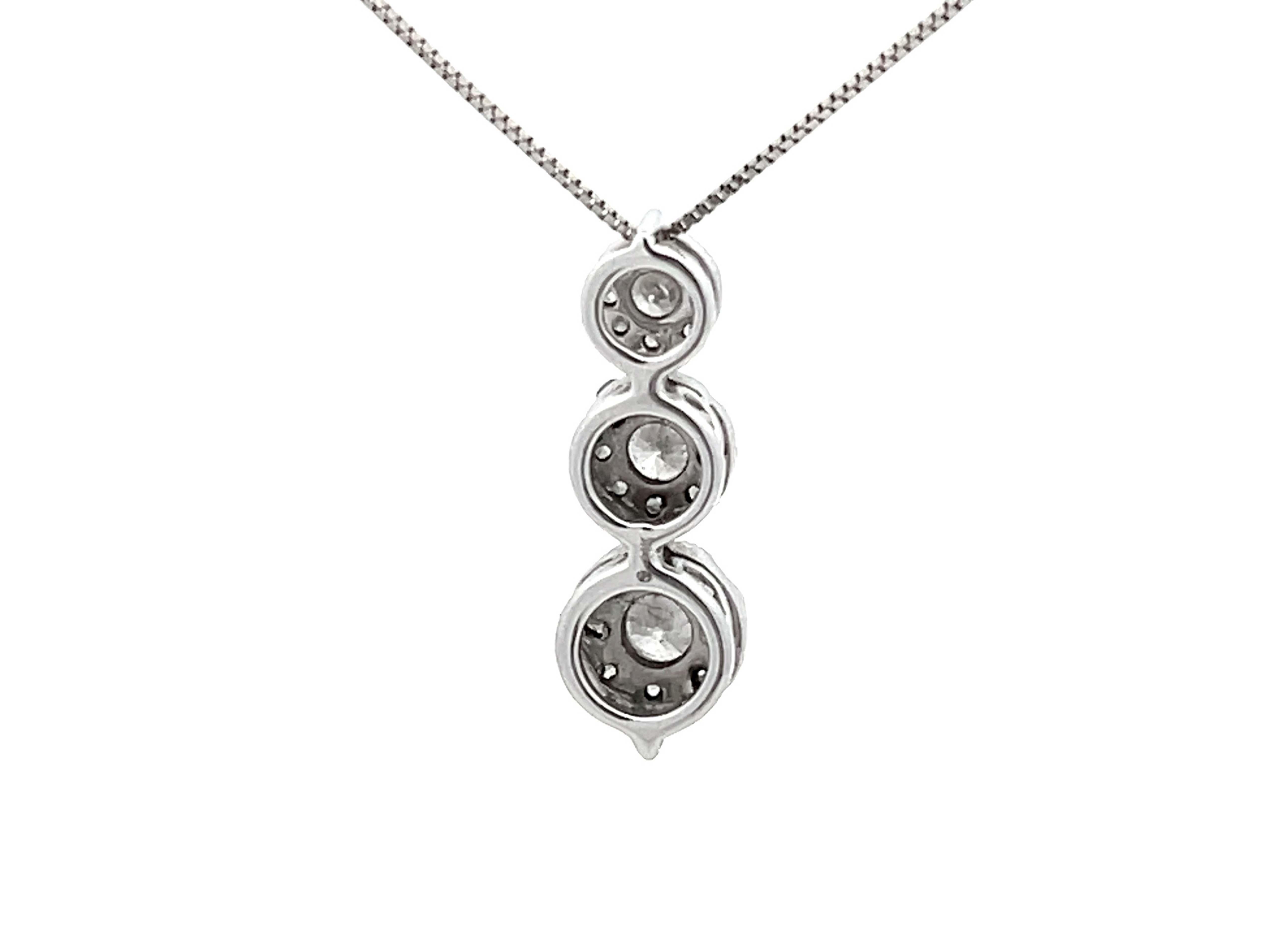 Three Diamond Halo Drop Necklace in 14k White Gold For Sale 1