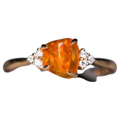 Three Diamond Mexican Fire Opal Engagement Wedding Ring 18K Yellow Gold