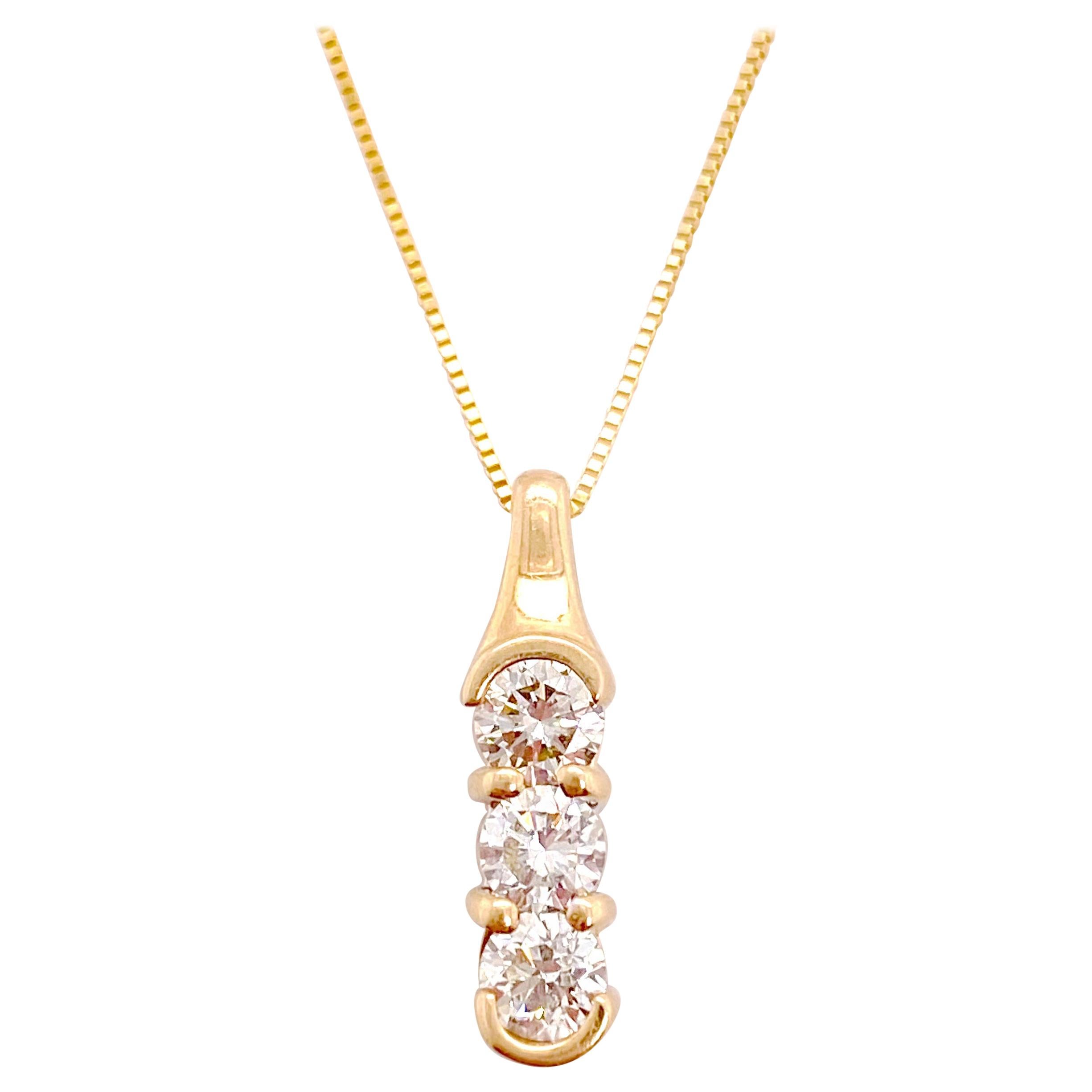Three Diamond Necklace, Past Present Future Round Diamond Drop Pendant For Sale