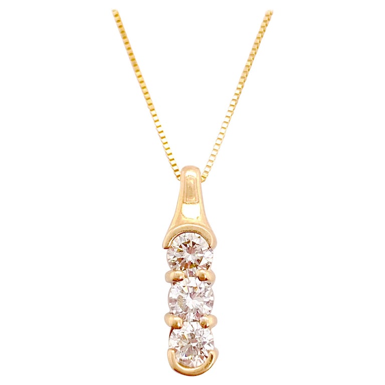 Three Diamond Necklace, Past Present Future Round Diamond Drop Pendant