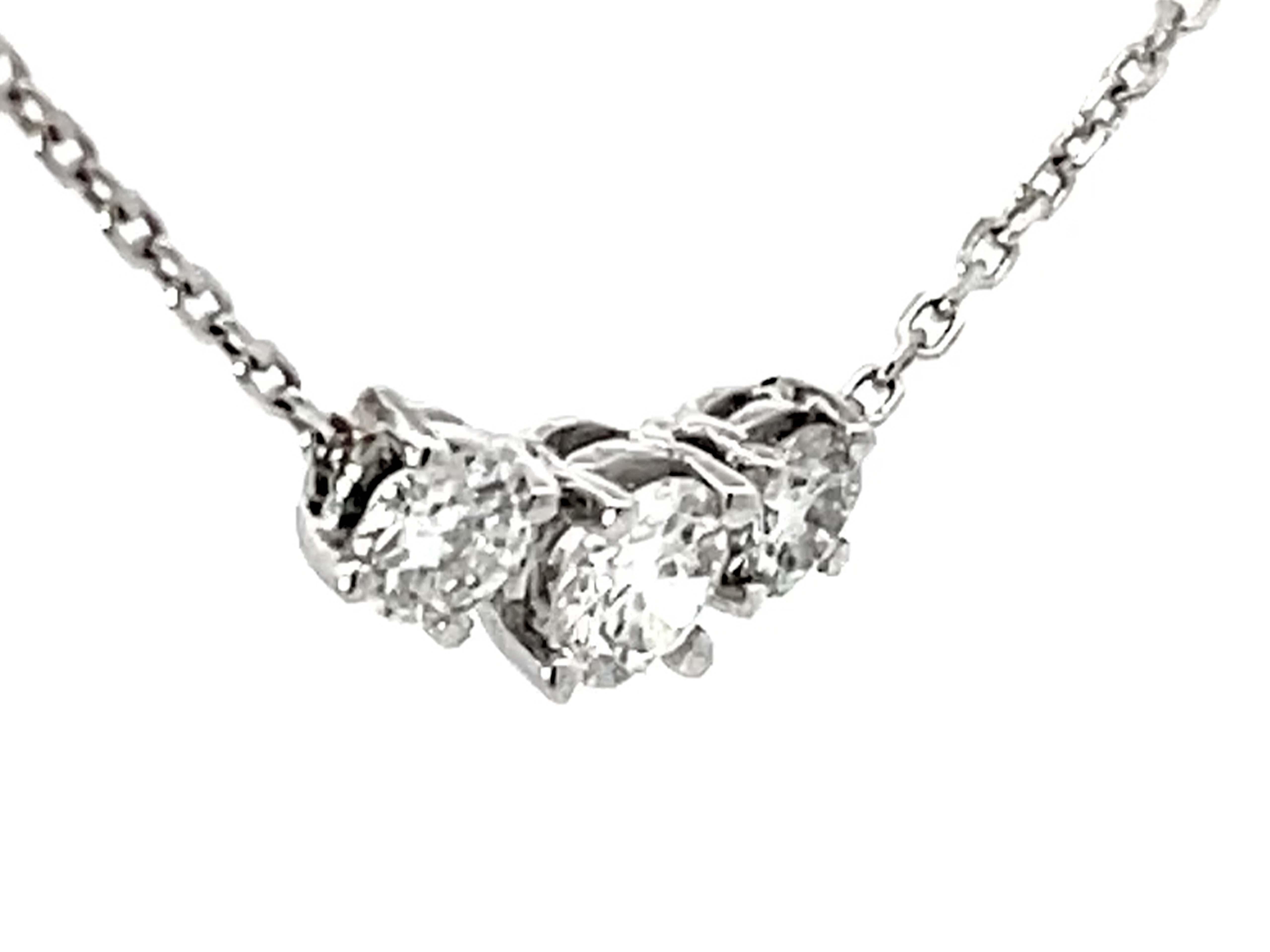 Modern Three Diamond Necklace Solid 14k White Gold For Sale