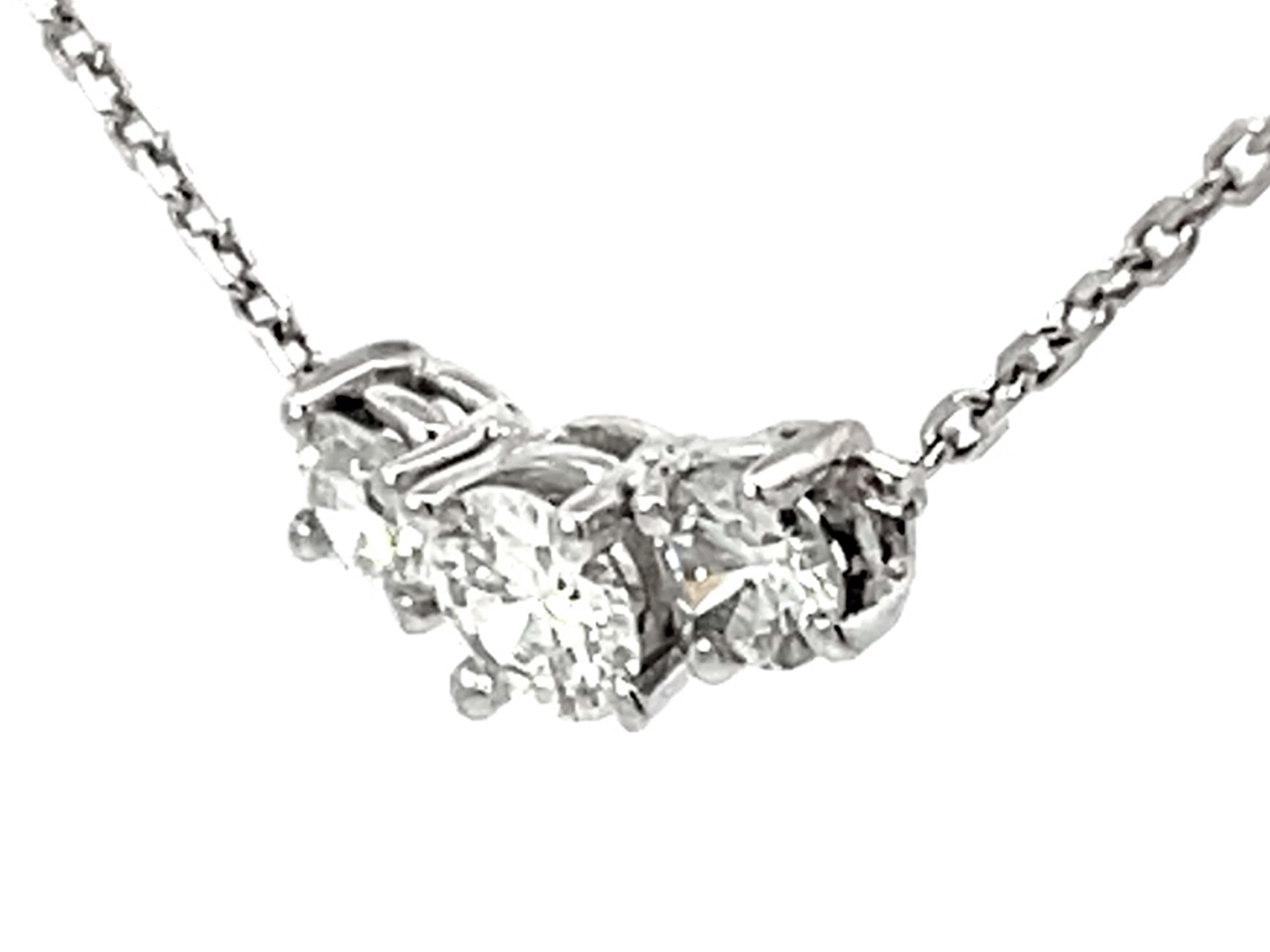 Brilliant Cut Three Diamond Necklace Solid 14k White Gold For Sale