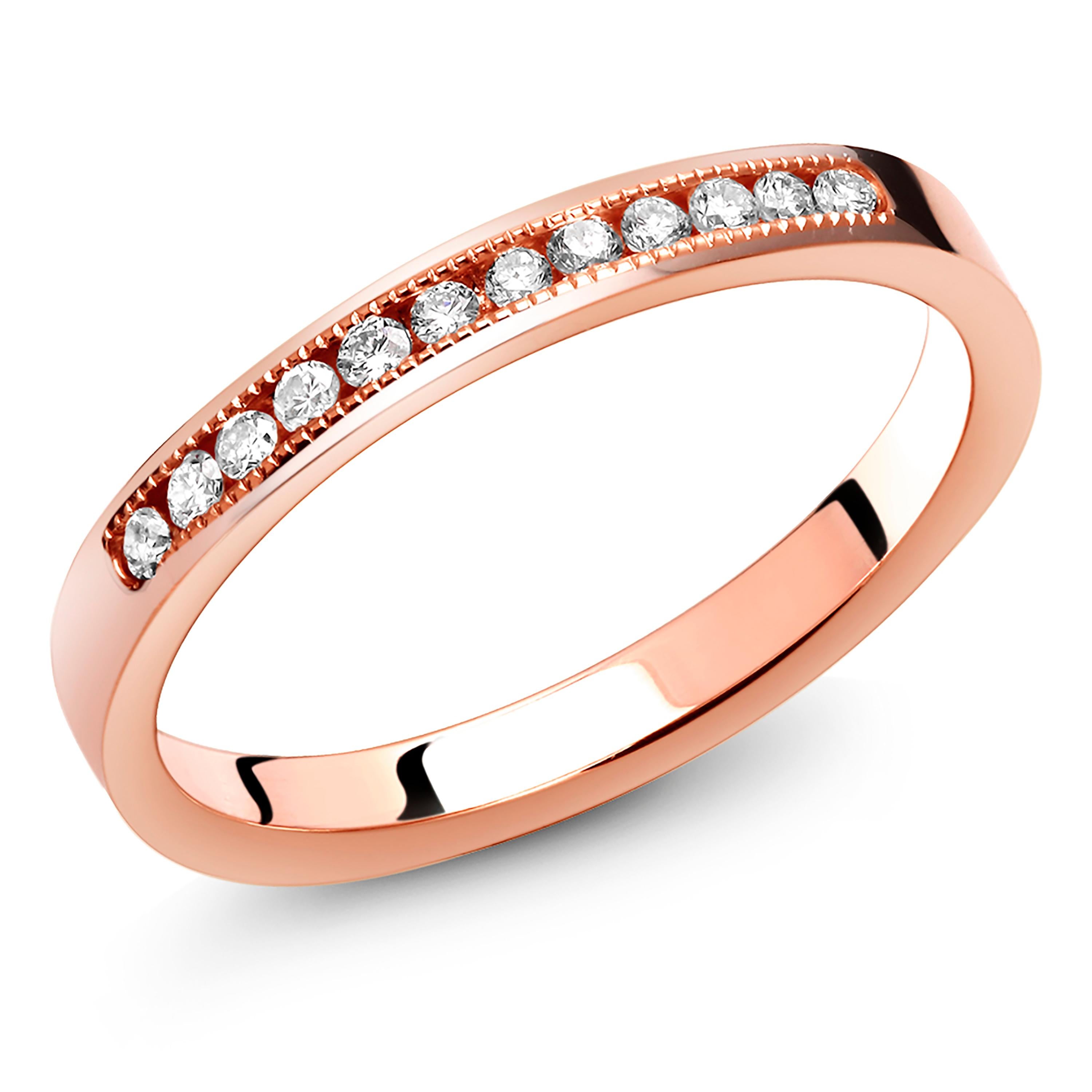 Fourteen karats white, yellow and rose gold diamond stacking rings, sold as a set
Fine millgrain edge 
Each ring has 12 Diamonds weighing 0.18 carat 
Each ring is 2.5 millimeters wide
Anniversary or stacking band
New Rings
Ring size 5.5 in Stock
The