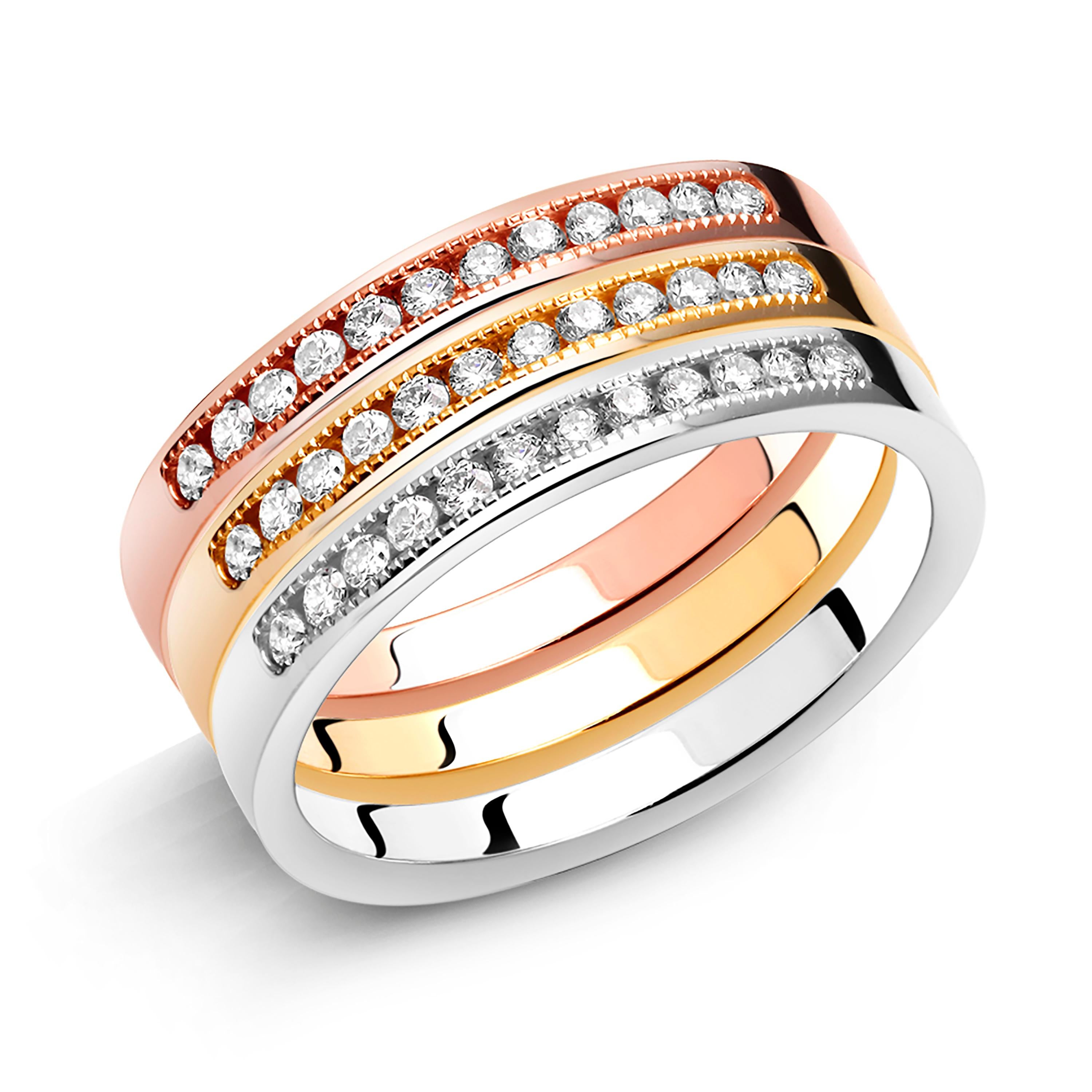 Three Diamond Partial Multi-Color Gold Stacking Bands Sold as a Set In New Condition In New York, NY