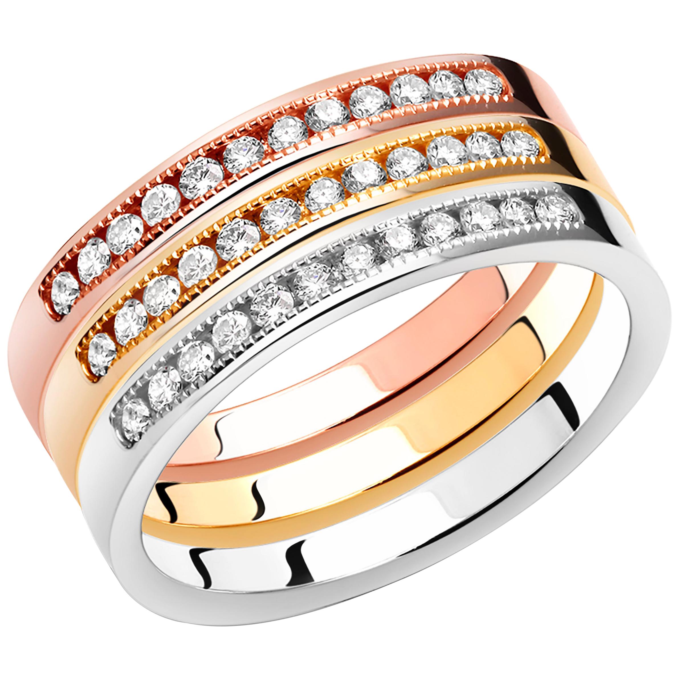 Three Diamond Partial Multi-Color Gold Stacking Bands Sold as a Set