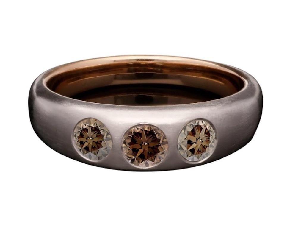 Contemporary Three Diamonds Ring Fancy Brown Champagne Gold 18K For Sale
