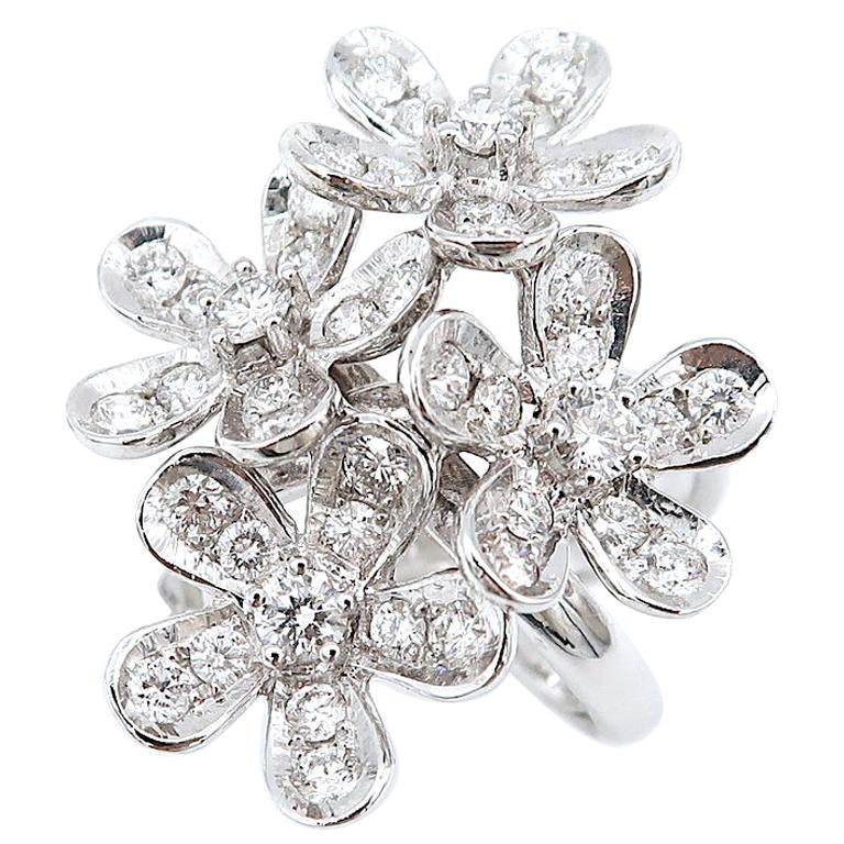Three Dimensional 5-Petal Flower Bouquet Diamond Ring 18 Karat White Gold For Sale