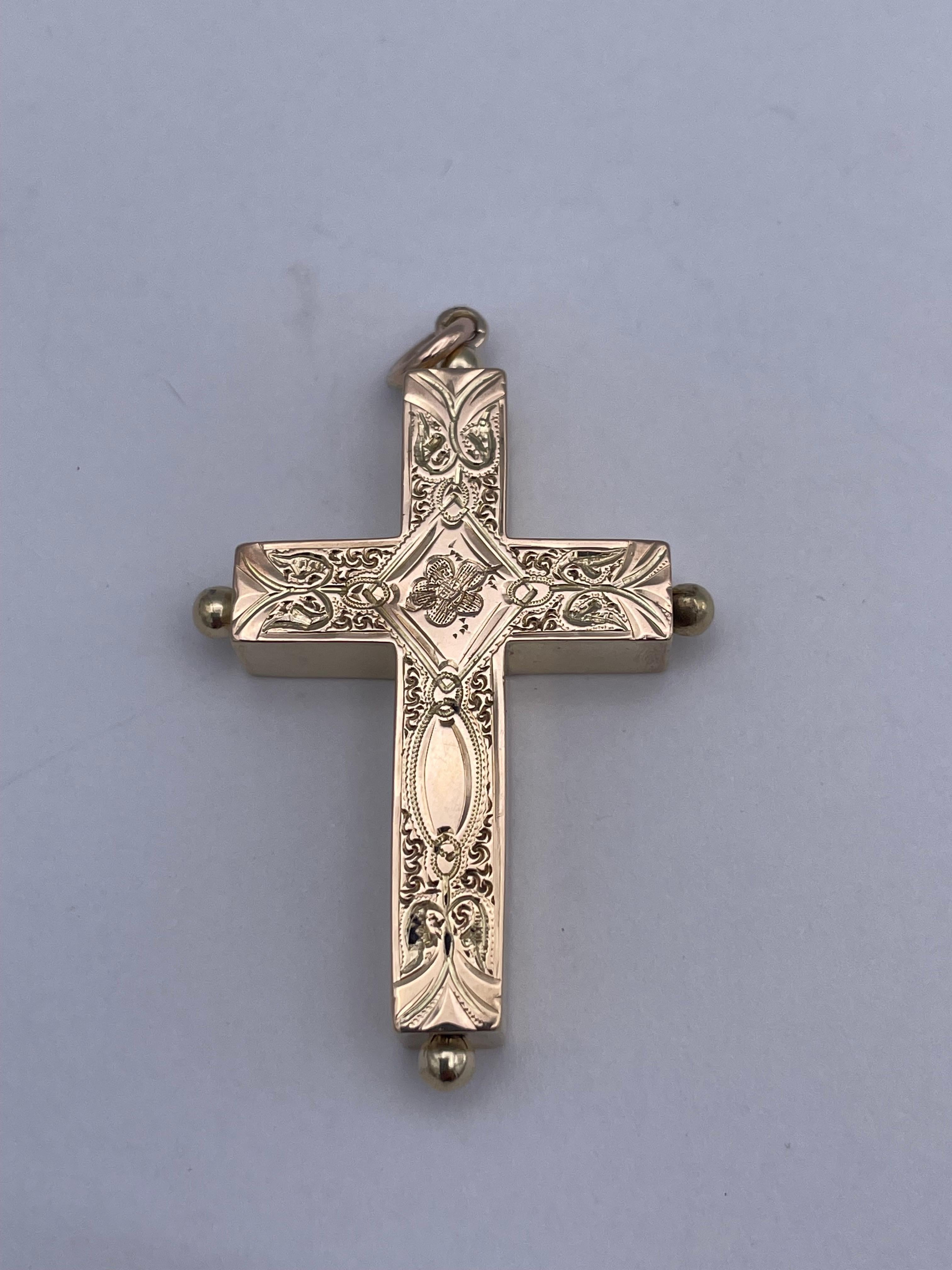 Absolutely beautiful antique cross.  Allover fine floral and leaf engraving on front.  Gold spheres mark 