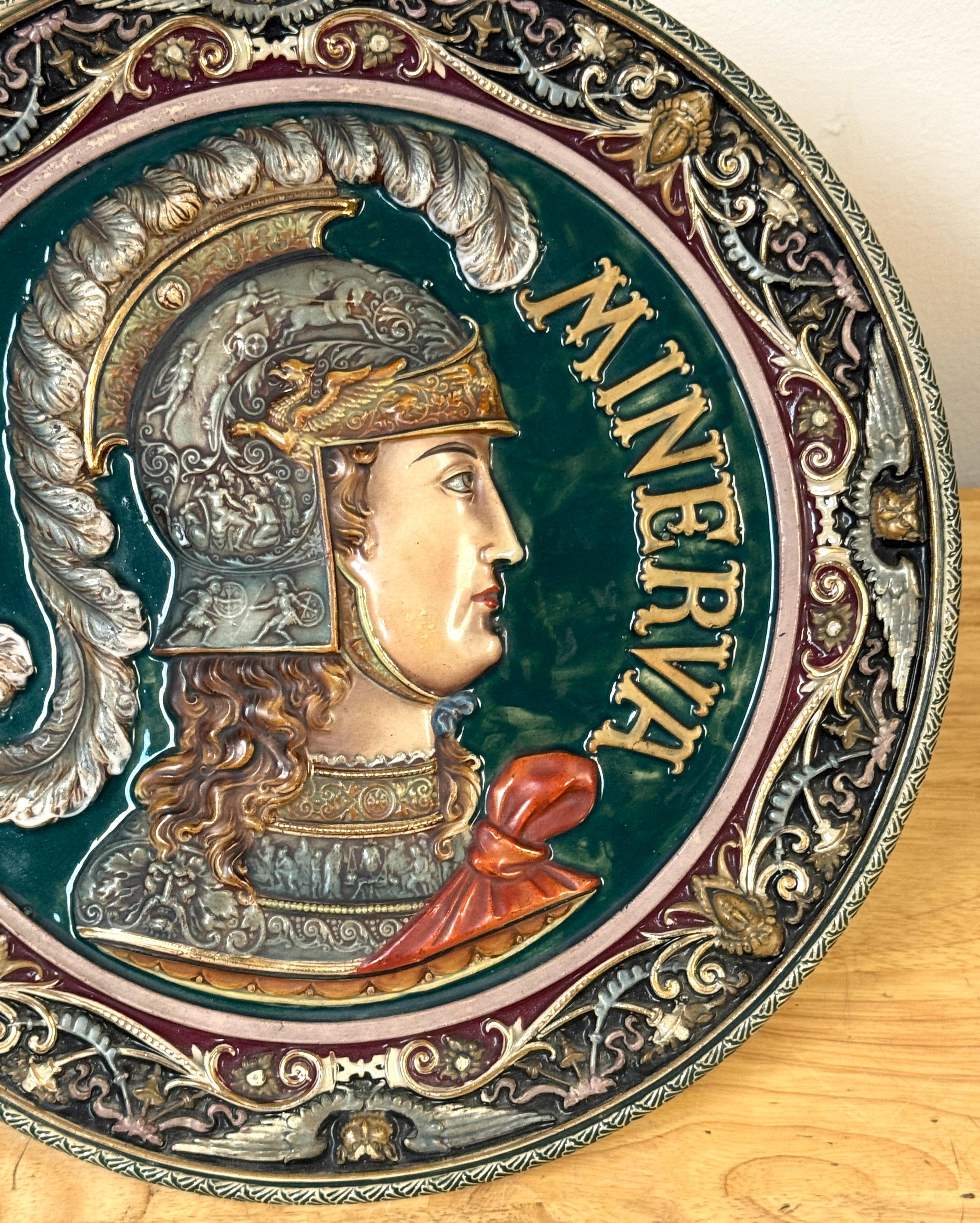 Three-Dimensional Continental Majolica Charger of Minerva, Late 19th Century For Sale 5