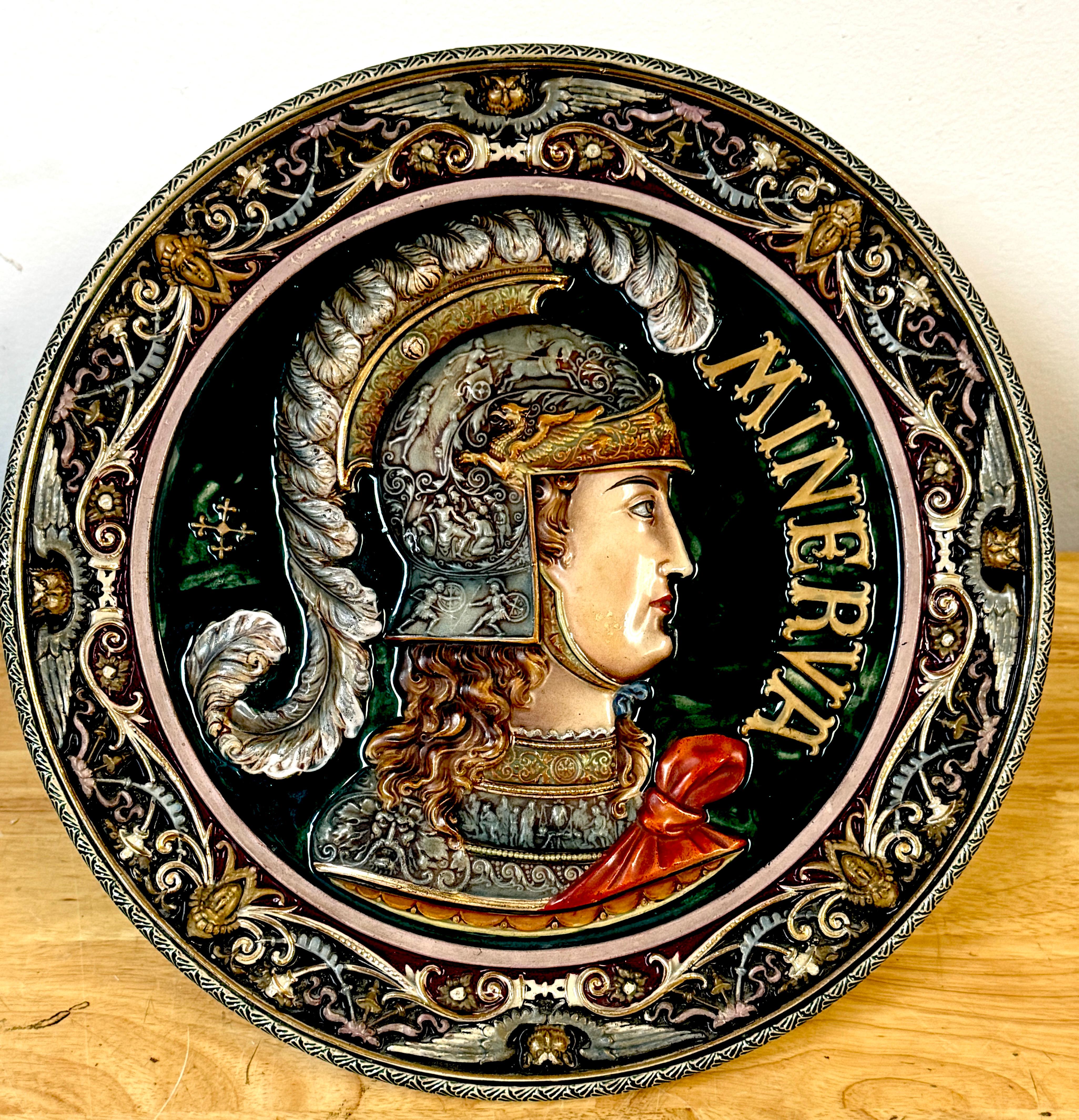 Three-Dimensional Continental Majolica Charger of Minerva, Late 19th Century

A large and exquisitely modeled Continental majolica charger depicting Minerva, Roman goddess of wisdom and war, rendered in high-relief three-dimensional detail.