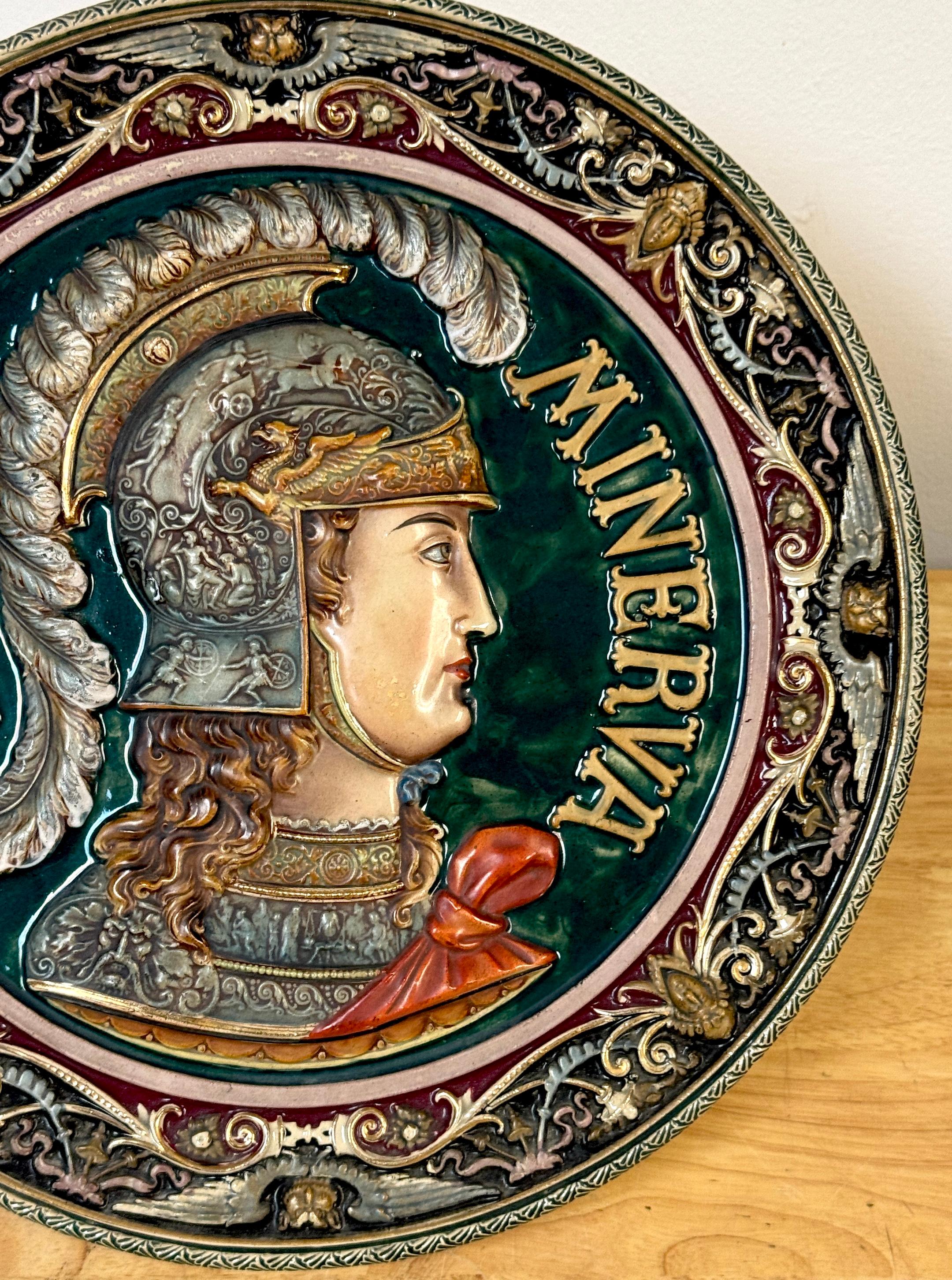 European Three-Dimensional Continental Majolica Charger of Minerva, Late 19th Century For Sale