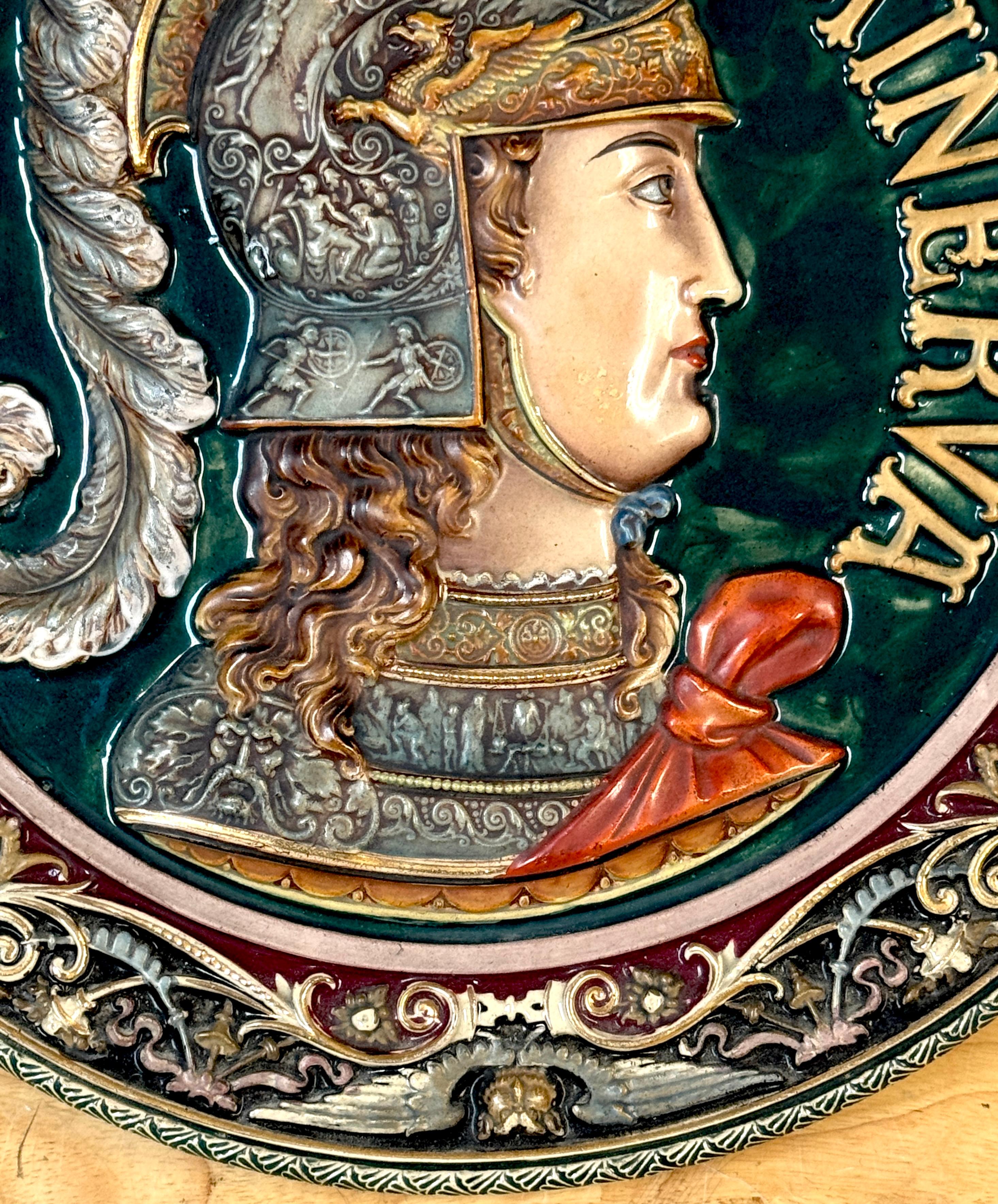 Enameled Three-Dimensional Continental Majolica Charger of Minerva, Late 19th Century For Sale