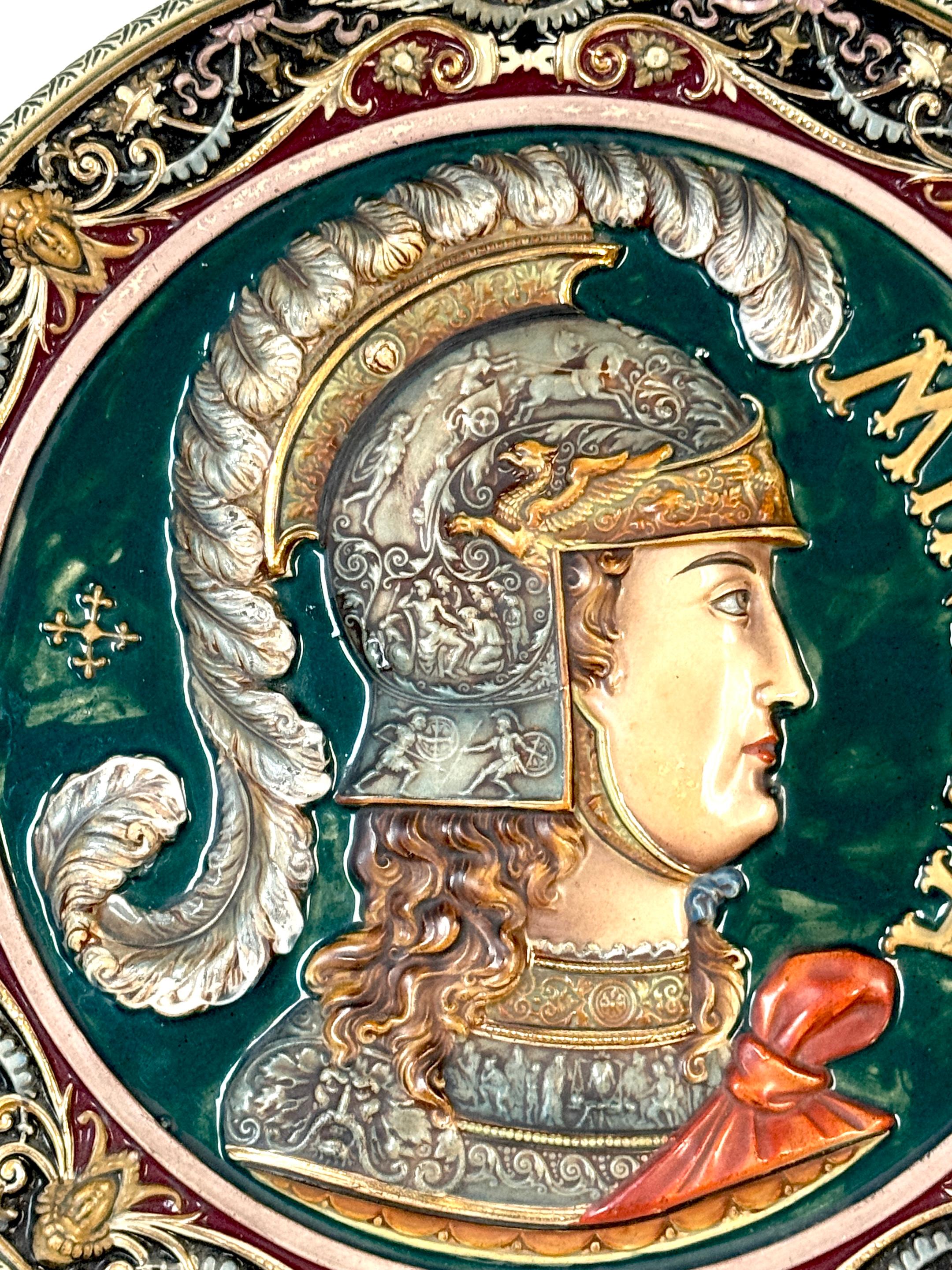 Porcelain Three-Dimensional Continental Majolica Charger of Minerva, Late 19th Century For Sale