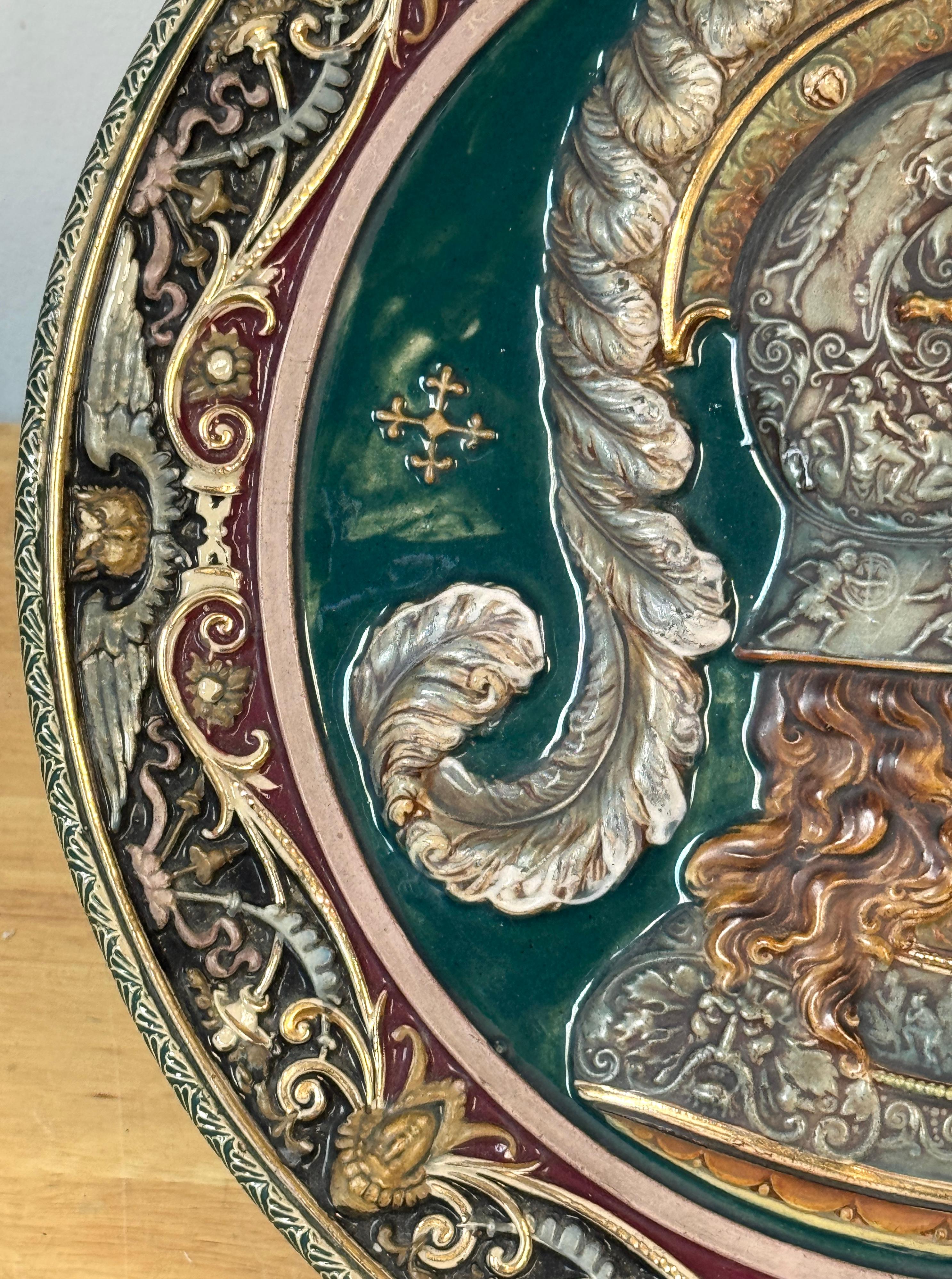 Three-Dimensional Continental Majolica Charger of Minerva, Late 19th Century For Sale 1