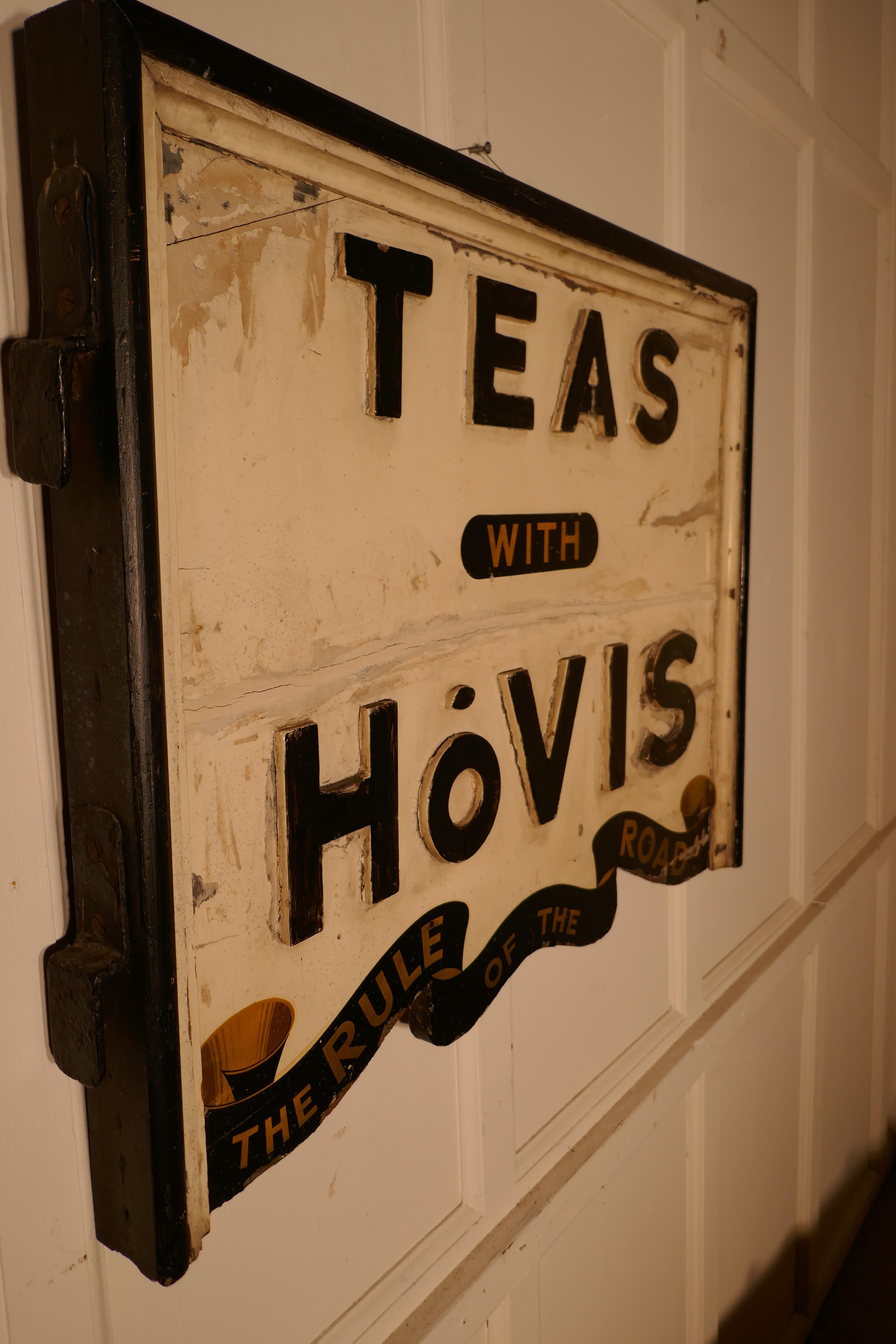 Three dimensional double-sided wooden hovis tea shop sign 

A great piece of social history, this sign is in wood it has been made with applied large letters, sadly here is a few bits missing but they could be restored if wished
The double-sided