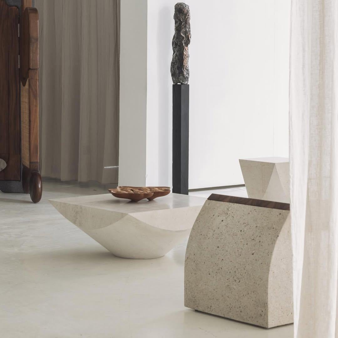 Three-dimensional Flat Surface White Limestone Coffee Table by Frédéric Saulou For Sale 7