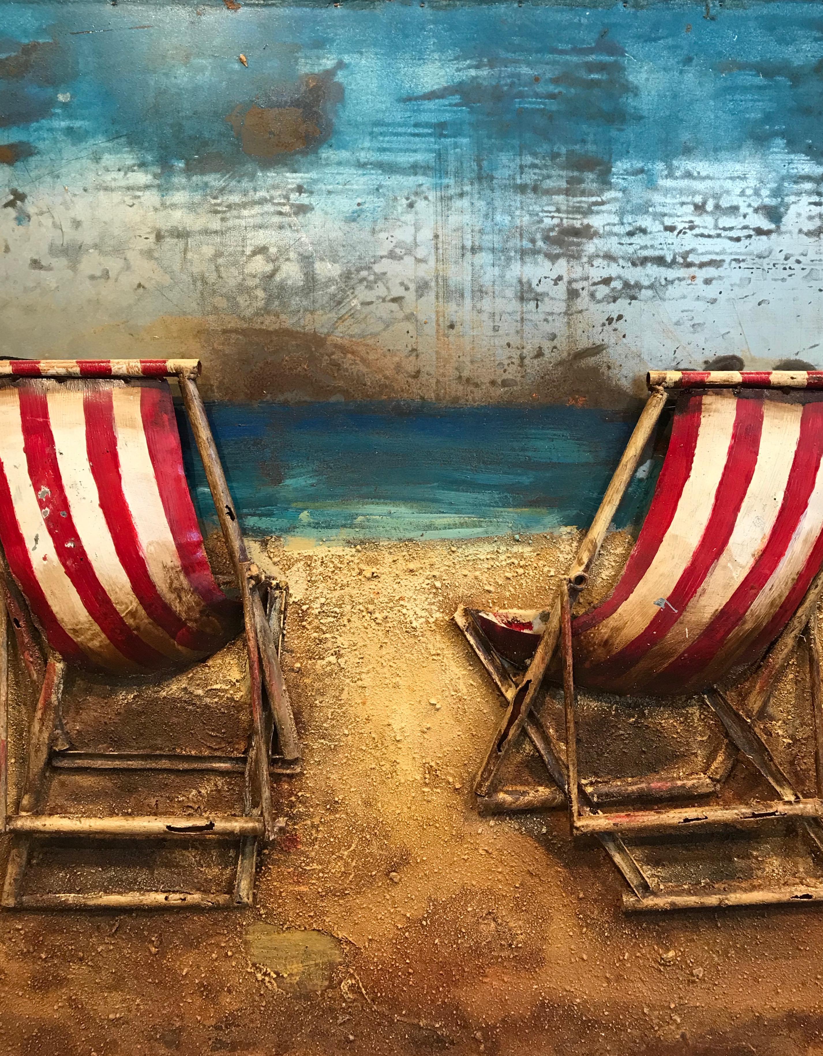 Three-Dimensional Metal and Acrylic Painting of Beach Chairs by the Seaside For Sale 1