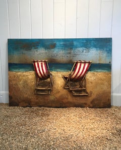 Three-Dimensional Metal and Acrylic Painting of Beach Chairs by the Seaside