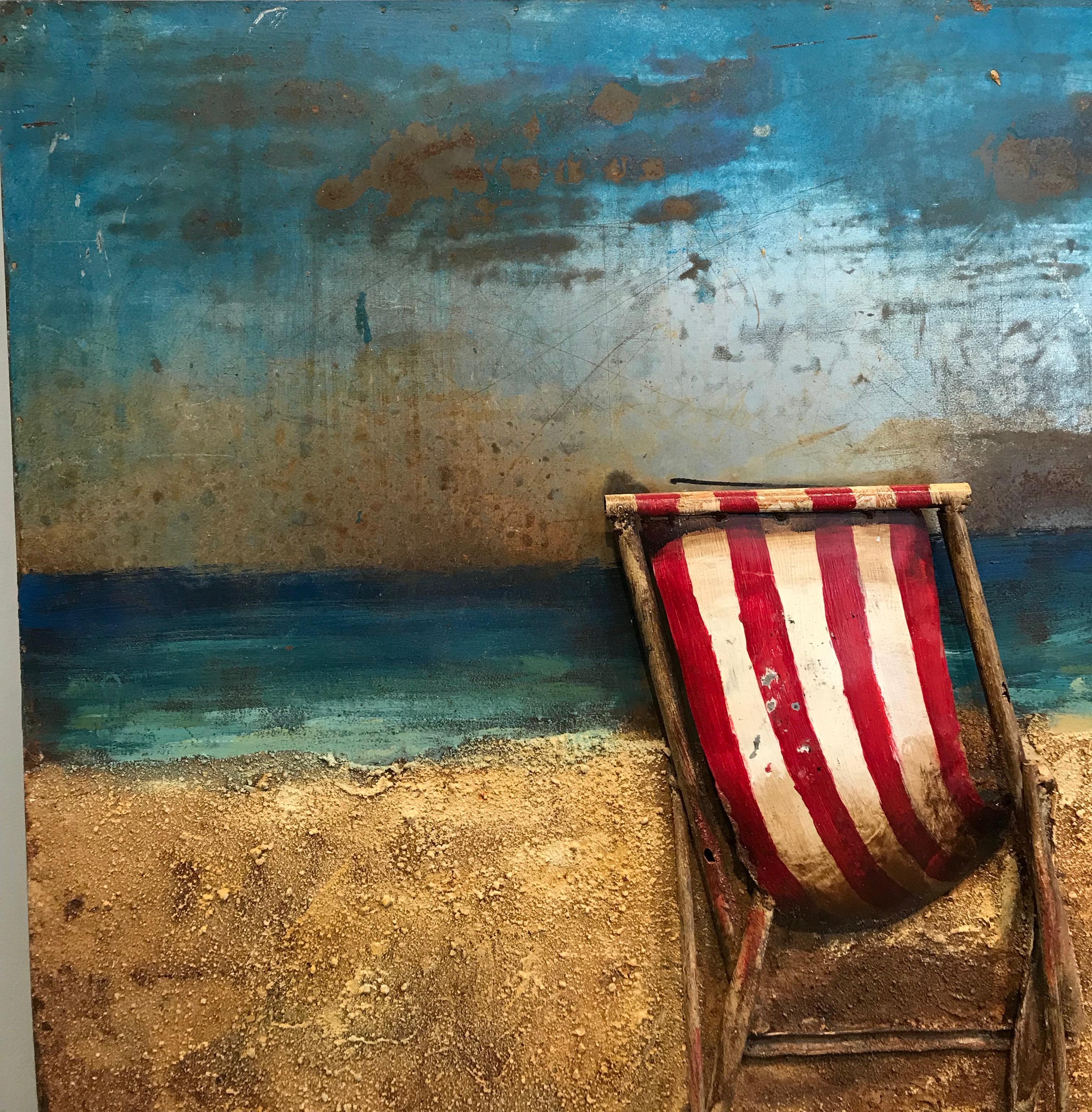 Three-Dimensional Metal and Acrylic Painting of Beach Chairs by the Seaside In Good Condition For Sale In Woodbury, CT