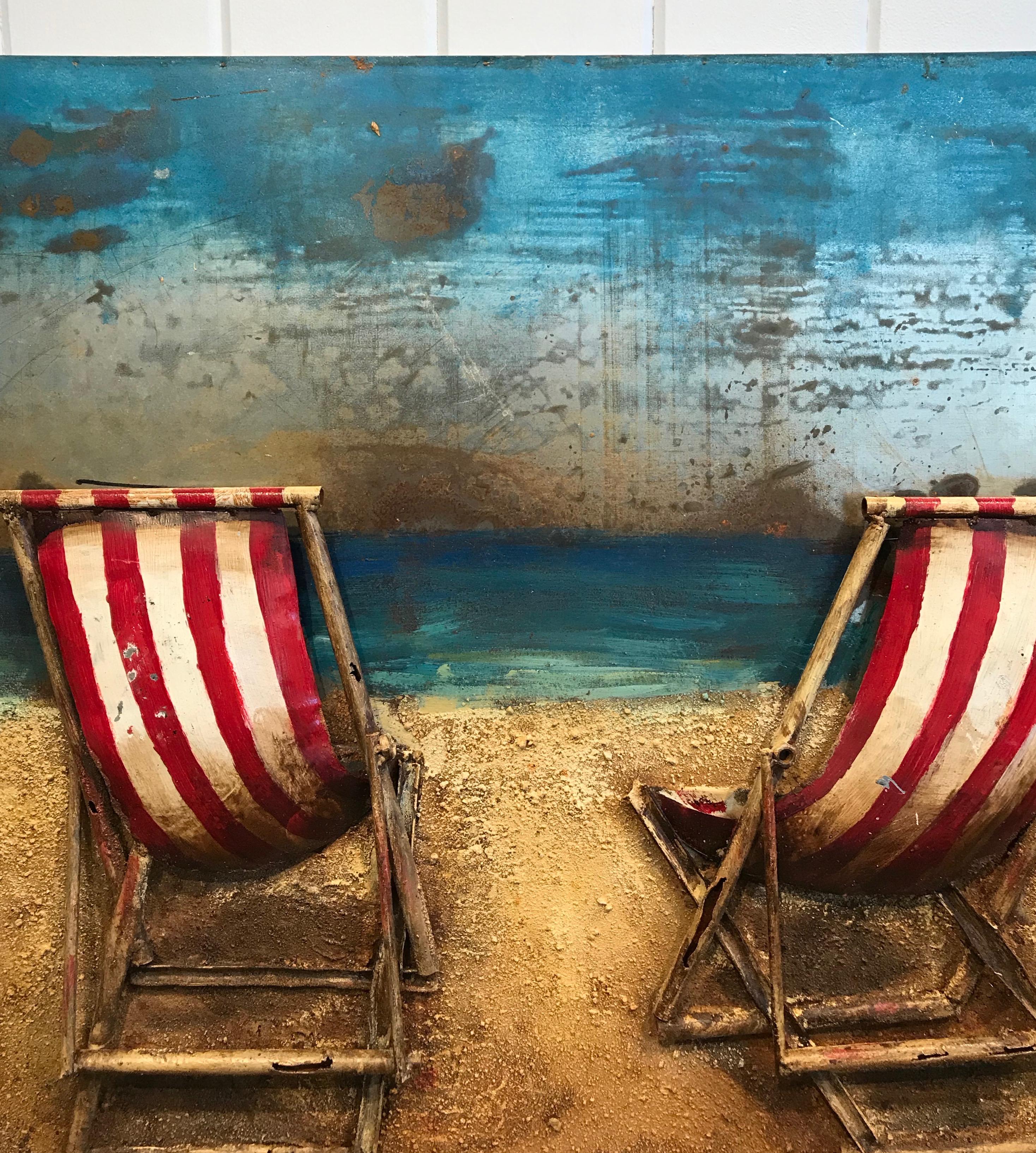 20th Century Three-Dimensional Metal and Acrylic Painting of Beach Chairs by the Seaside For Sale