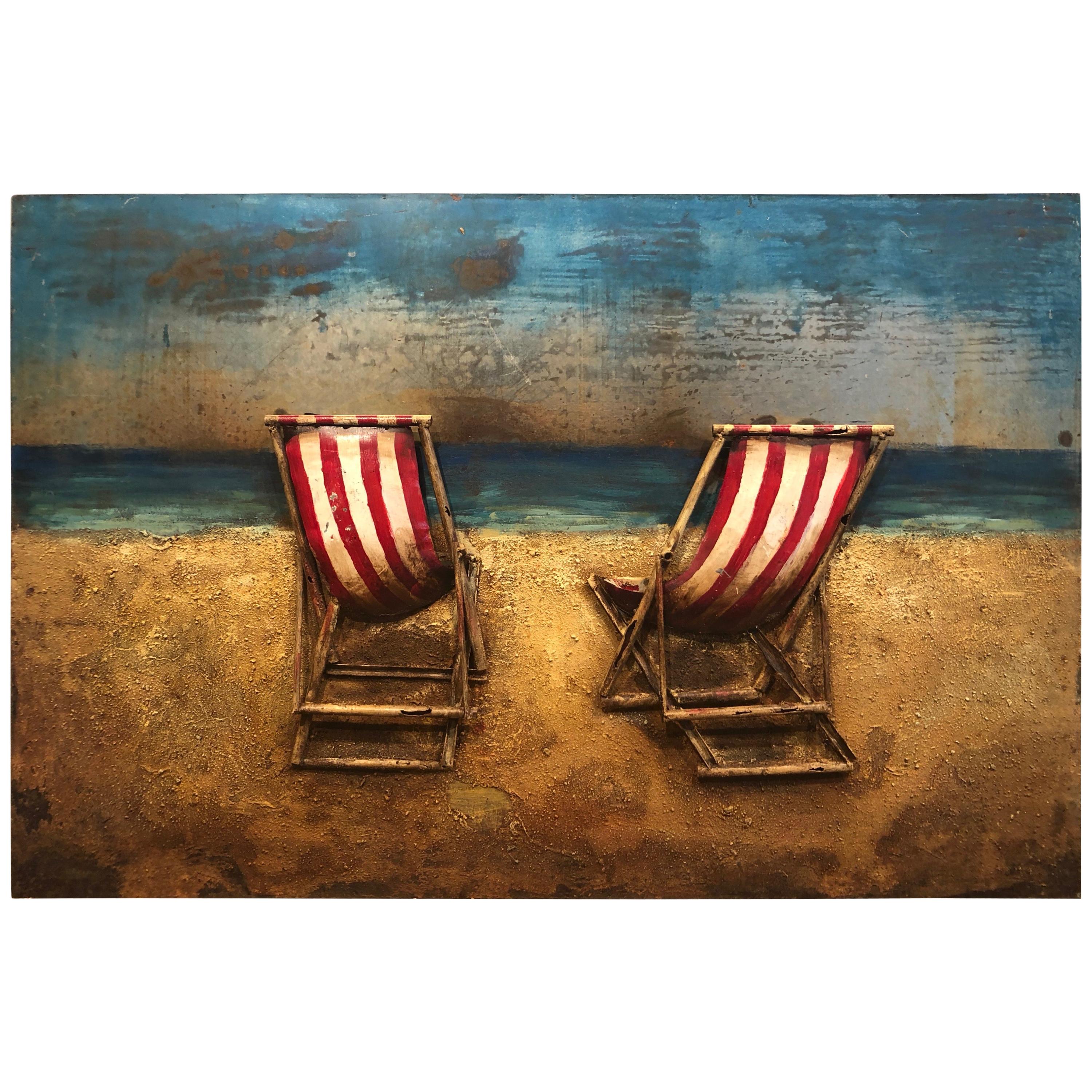Three-Dimensional Metal and Acrylic Painting of Beach Chairs by the Seaside For Sale