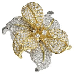 Three Dimensional Pave diamond flower ring in two tone gold