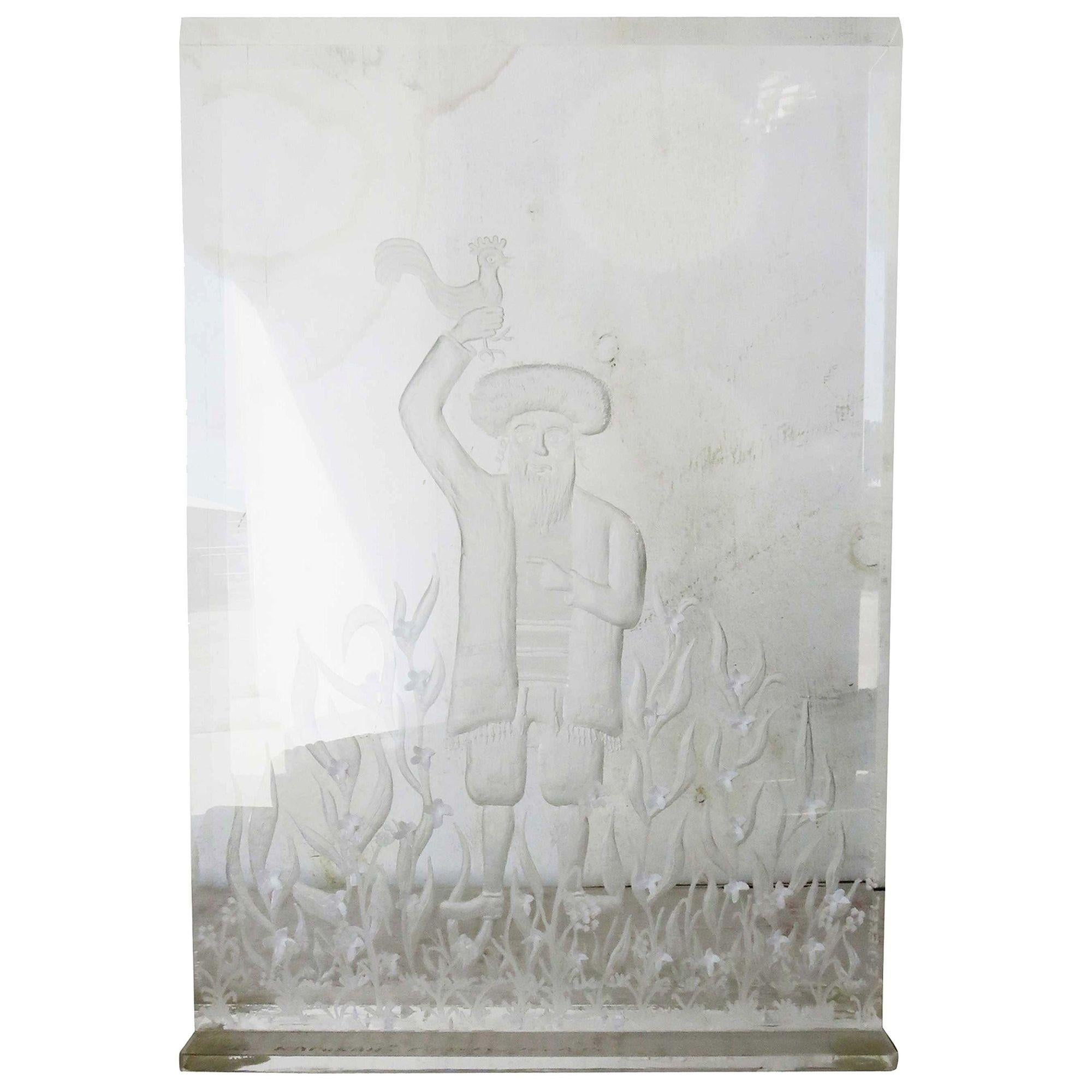 Hand-etched three-dimensional acrylic block art featuring a scene of a Jewish man practicing the ceremony of Kapparah on the holiday of Yom Kippur.

The 3d relief features several layers of etching with a detailing of foliage etched along the