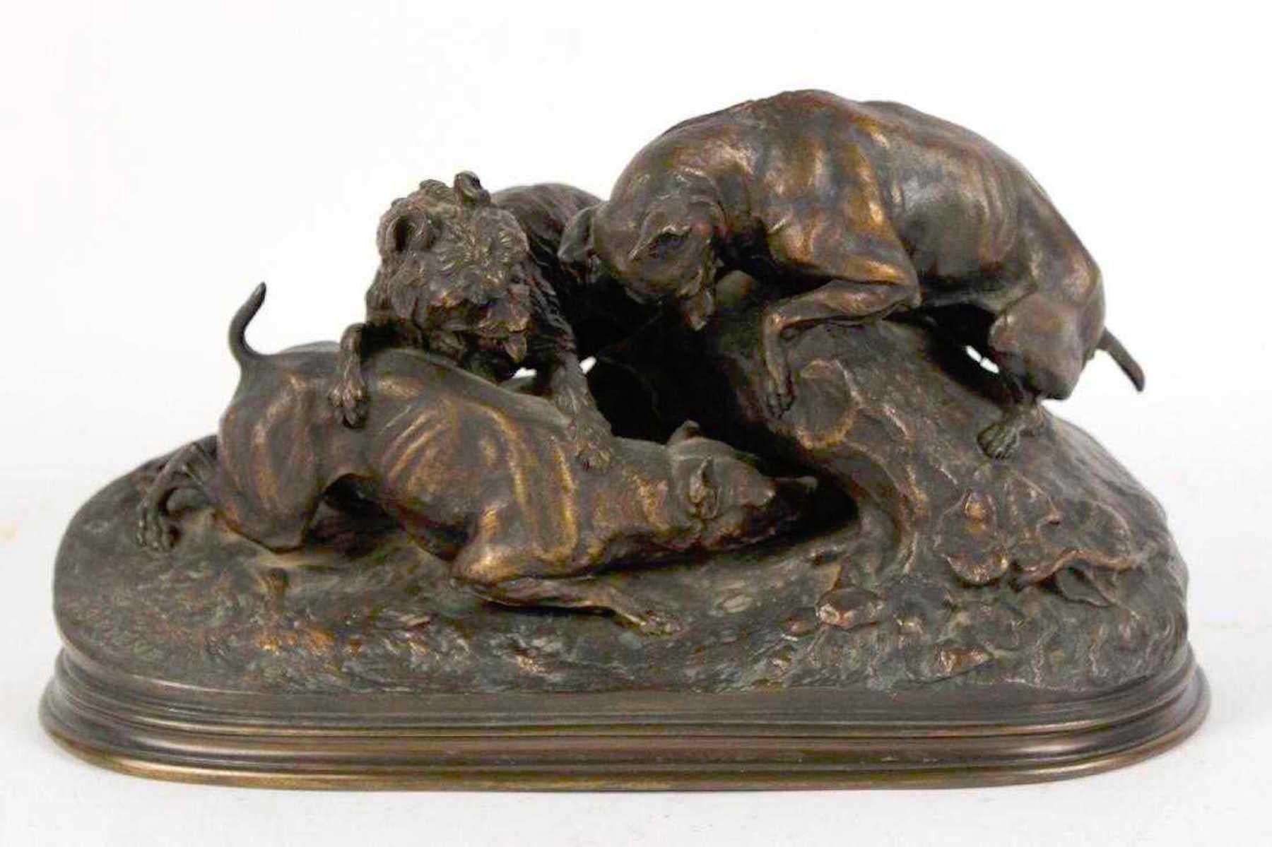 Pierre-Jules Mêne, French, 1810-1879
Three dogs burrowing ‘Chase au Lapin’
French sculptor and animalière. He is considered one of the pioneers of animal sculpture in the 19th century
Inscribed P.J. Mene at the base
Bronze with black-brown