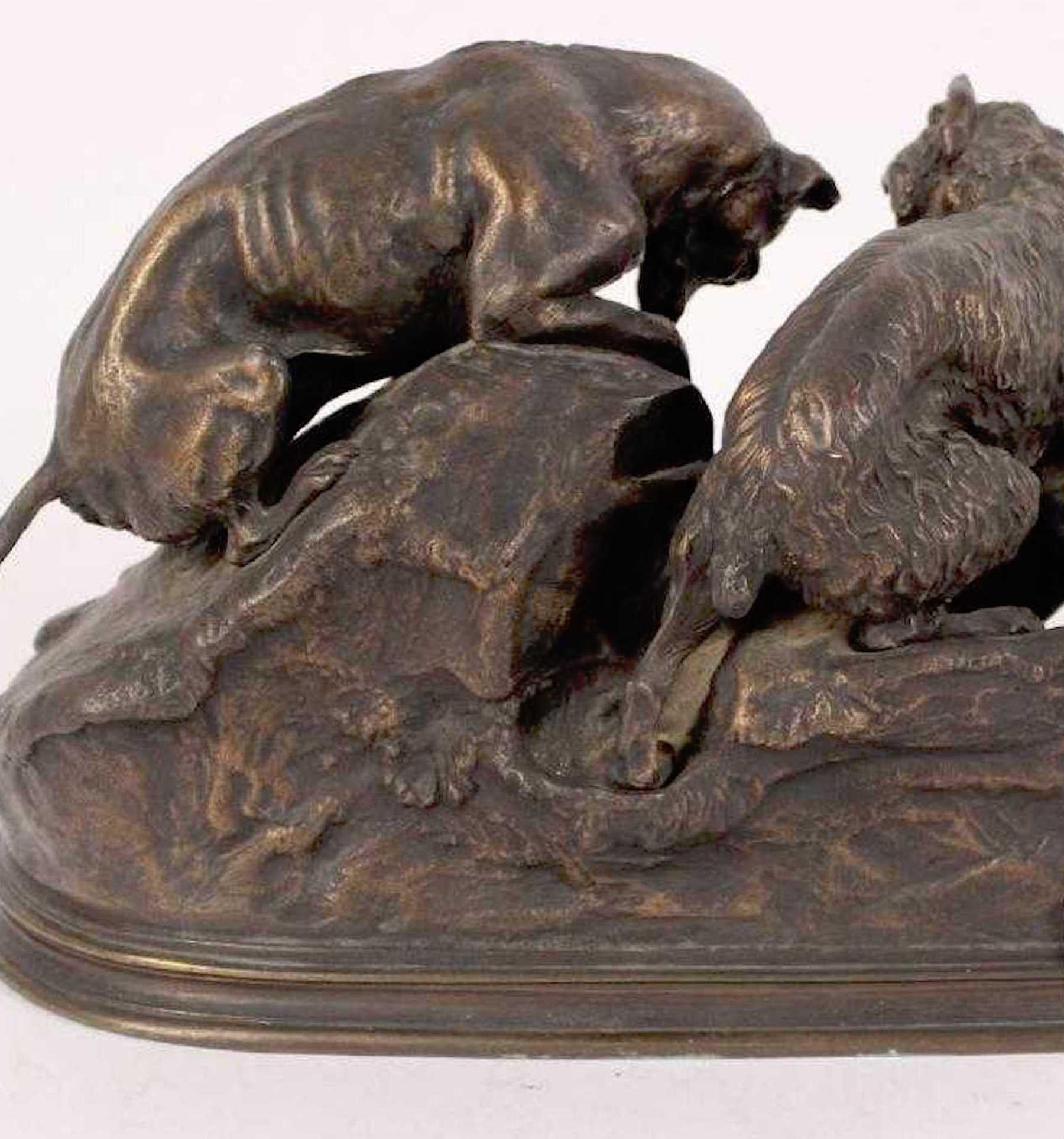 French Three Dogs Burrowing ‘Chase Au Lapin’, by Pierre-Jules Mêne For Sale
