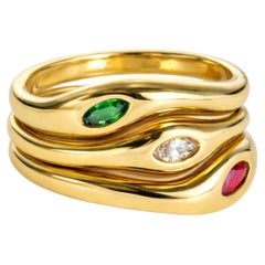 Three Dome Stacking Ring 14K Solid Gold with Ruby, Emerald, Marquise Diamond