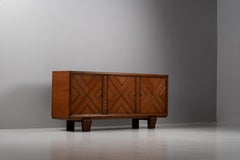 Three-Door Carved Oak Sideboard with Chevron Panels, France, 1940s