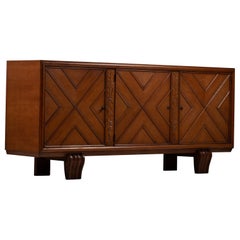 Three-Door Carved Oak Sideboard with Chevron Panels, France, 1940s