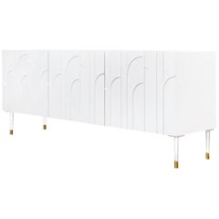 Three-Door Credenza Sideboard Detailed Matte White Lucite & Brass Hardware