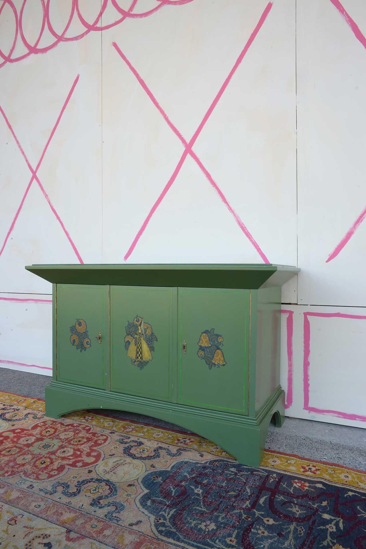 Art Deco Three-Door Lacquered Berlin Deko Cabinet with Medieval Motifs For Sale