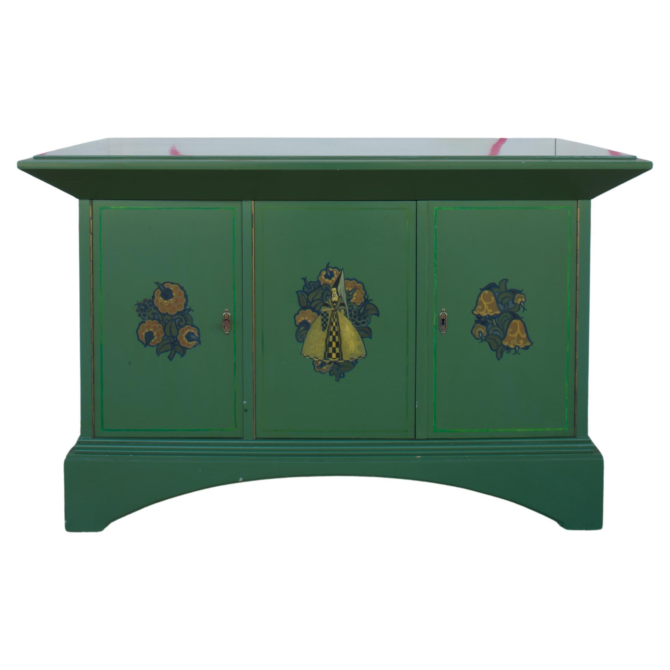 Three-Door Lacquered Berlin Deko Cabinet with Medieval Motifs