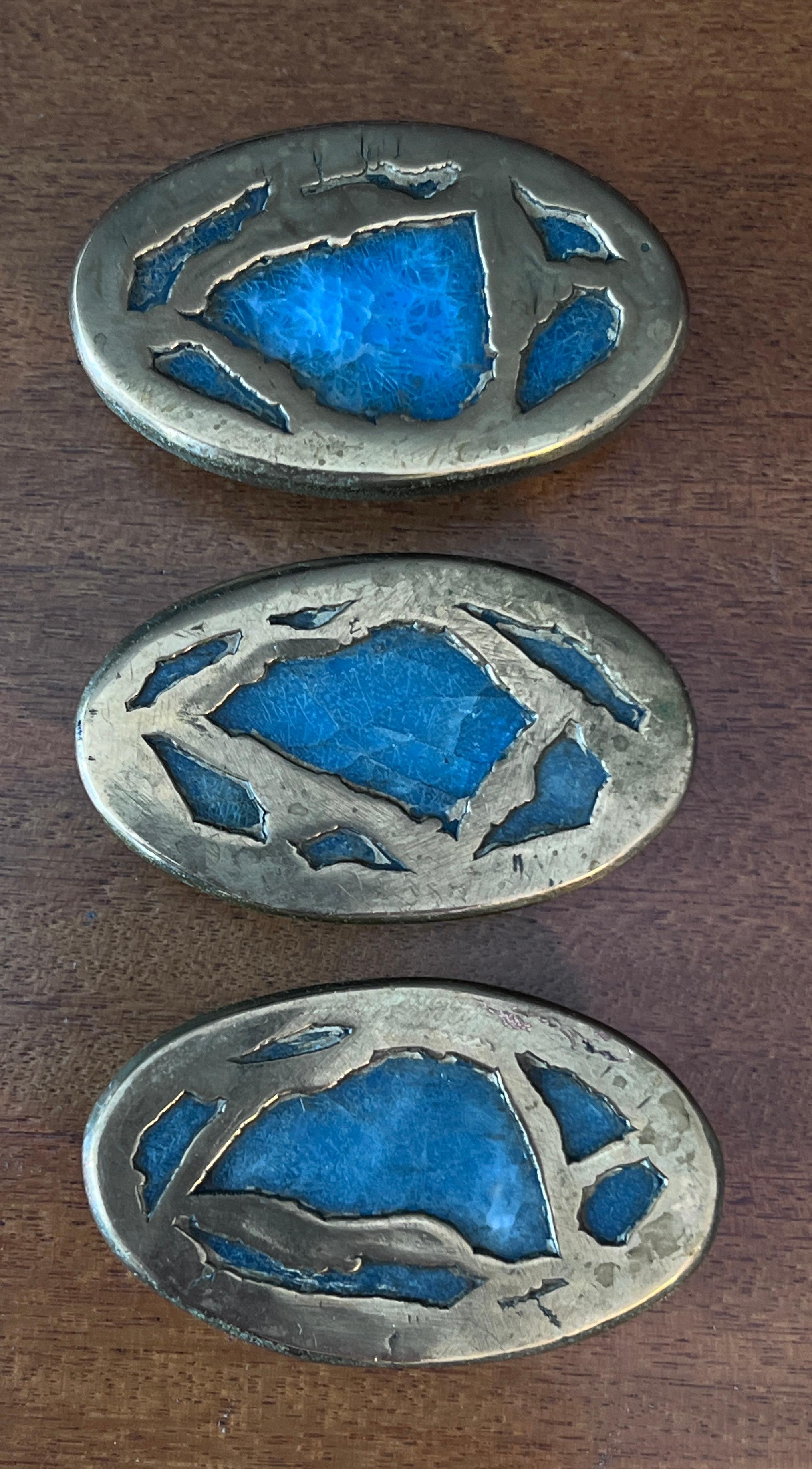 Mid-Century Modern Three Door or Drawer Pulls in Bronze and Stone by Pepe Mendoza Mexico