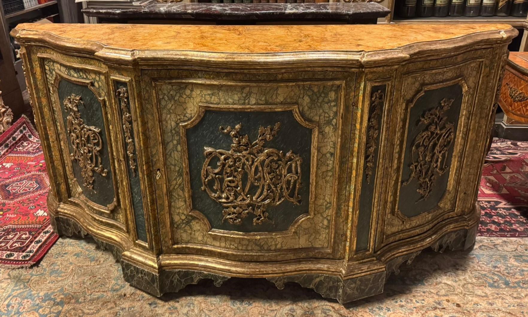 Hand-Painted Three-door sideboard, credenzas in lacquered wood faux marble effect, Italy For Sale